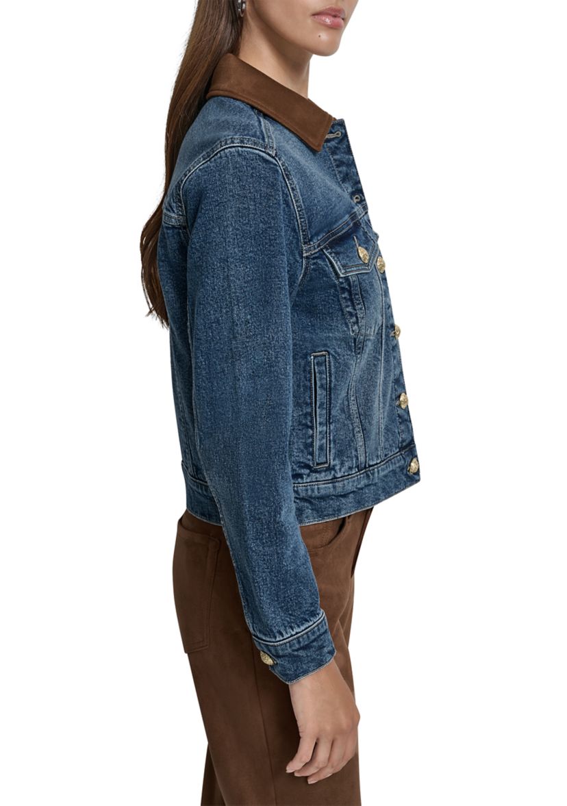 Womens Trucker Jacket with Faux Suede Collar