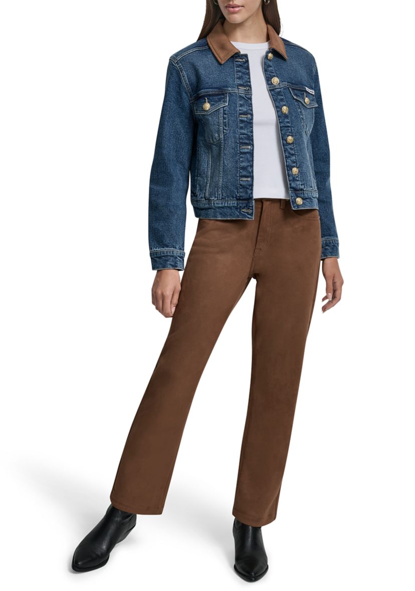 Womens Trucker Jacket with Faux Suede Collar