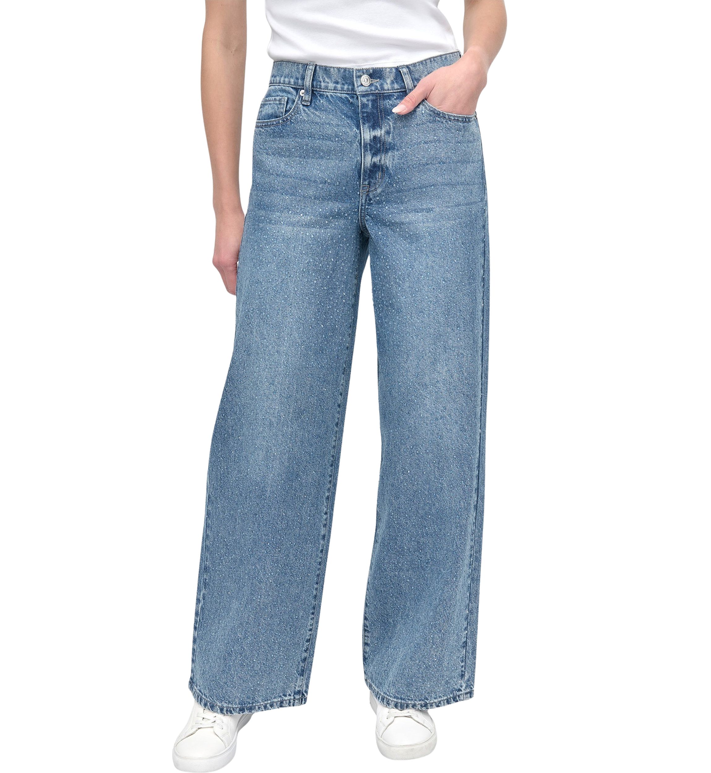 Womens High Rise Wide Leg Jeans with Rhinestone Embellishment 