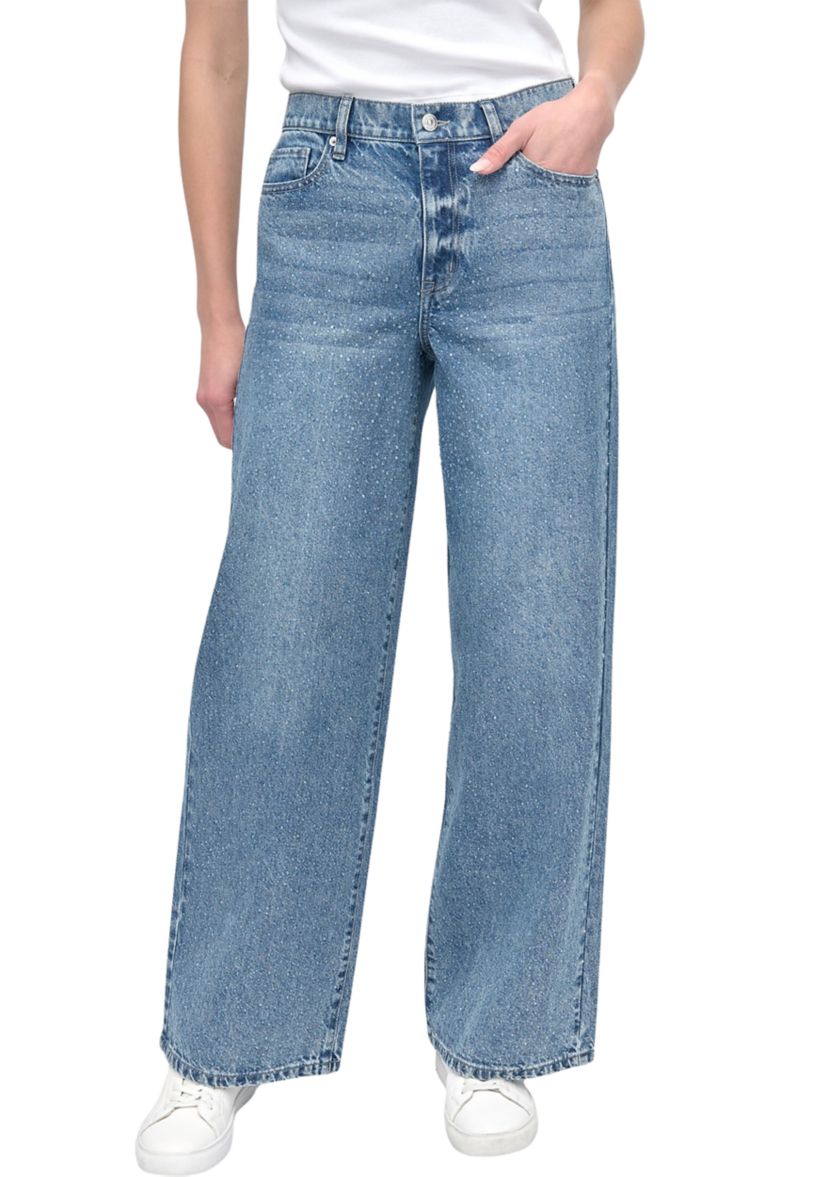 Womens High Rise Wide Leg Jeans with Rhinestone Embellishment 