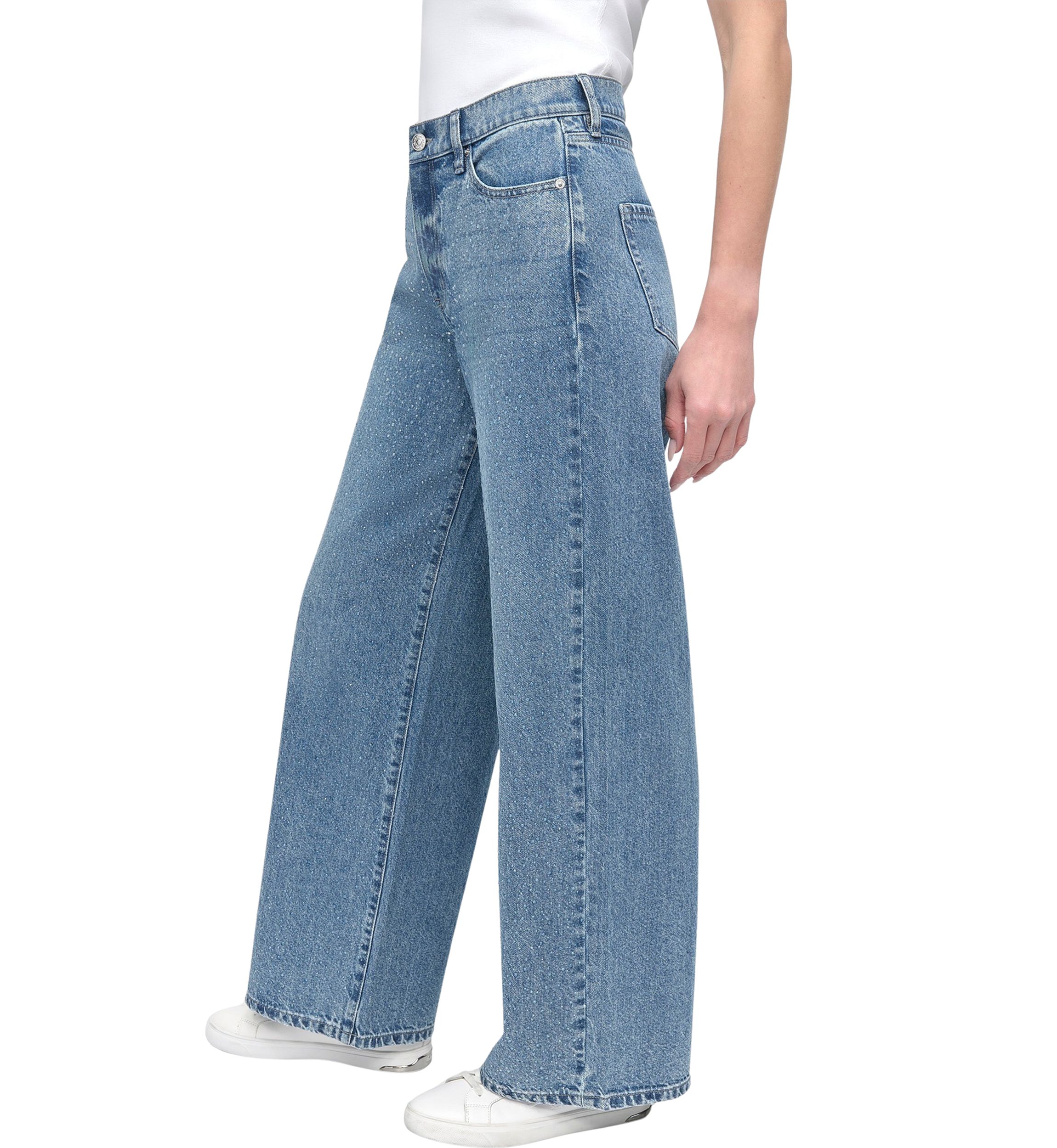 Womens High Rise Wide Leg Jeans with Rhinestone Embellishment 
