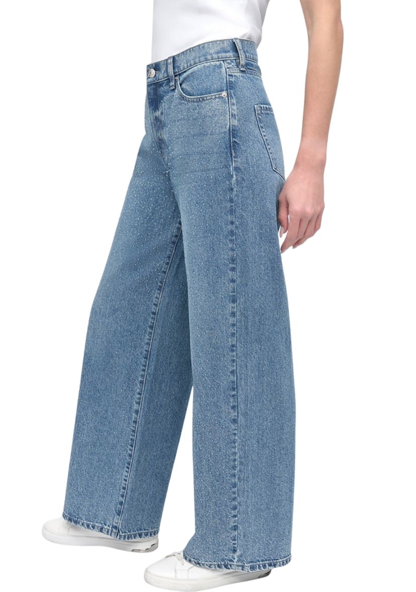 Womens High Rise Wide Leg Jeans with Rhinestone Embellishment 