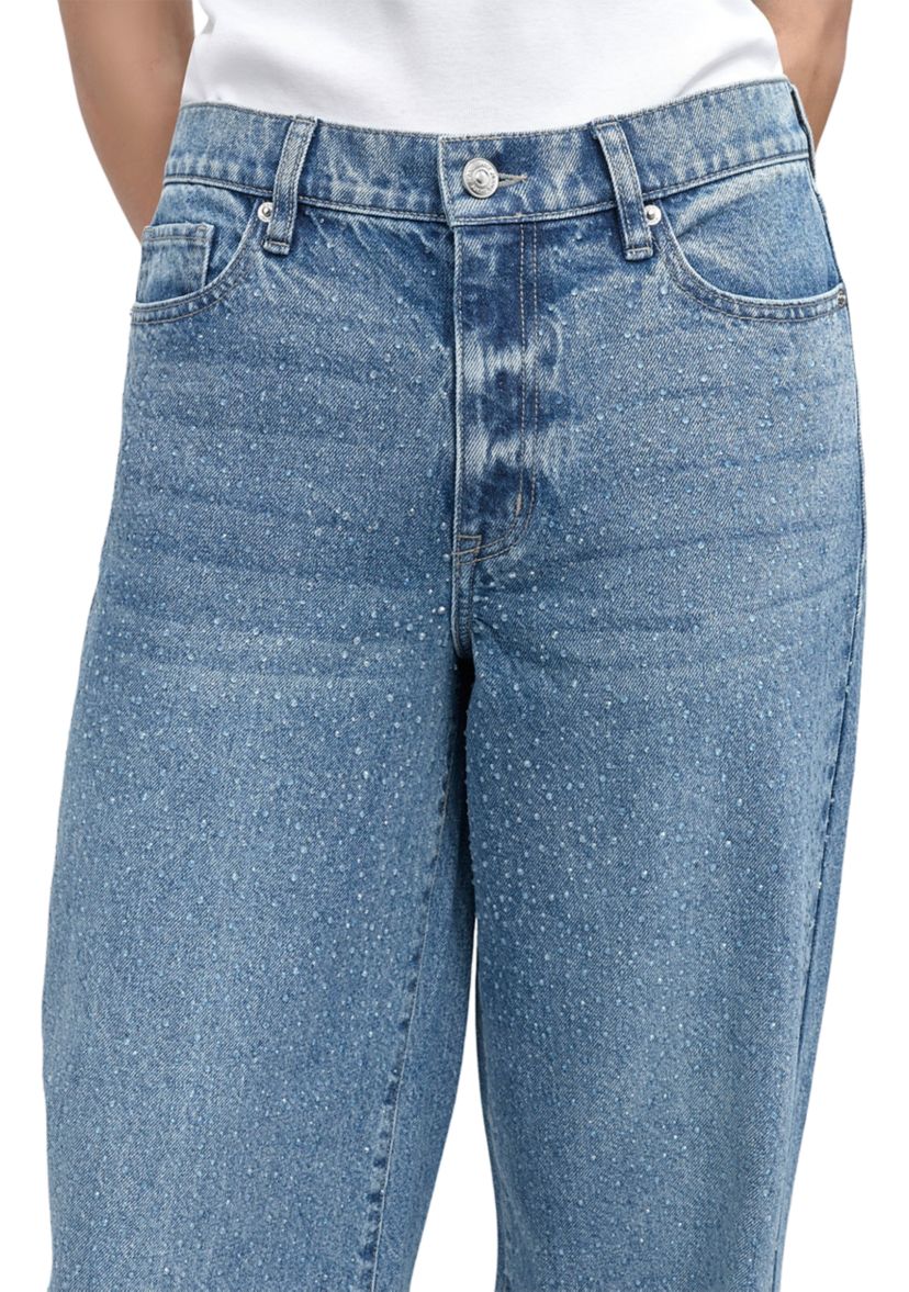 Womens High Rise Wide Leg Jeans with Rhinestone Embellishment 