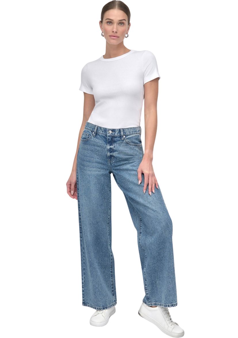Womens High Rise Wide Leg Jeans with Rhinestone Embellishment 