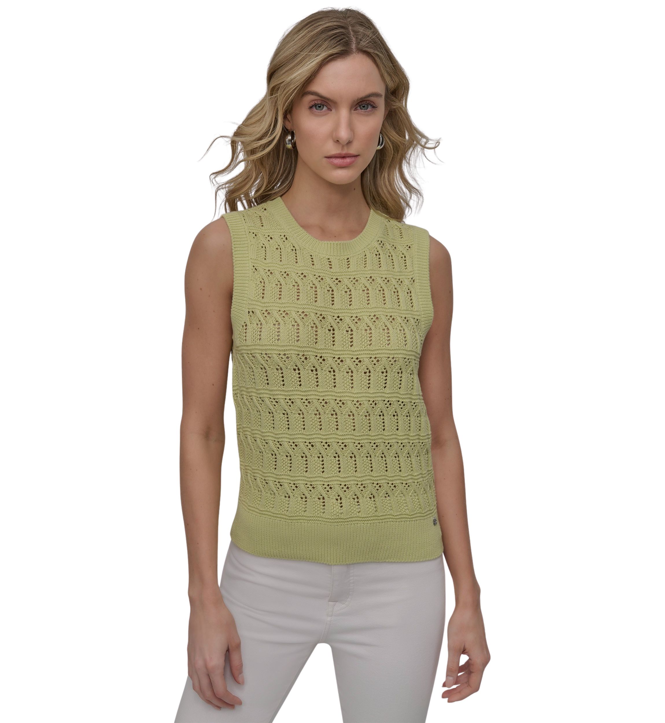 Womens Sleeveless Lacey Stitch Crew Neck Vest