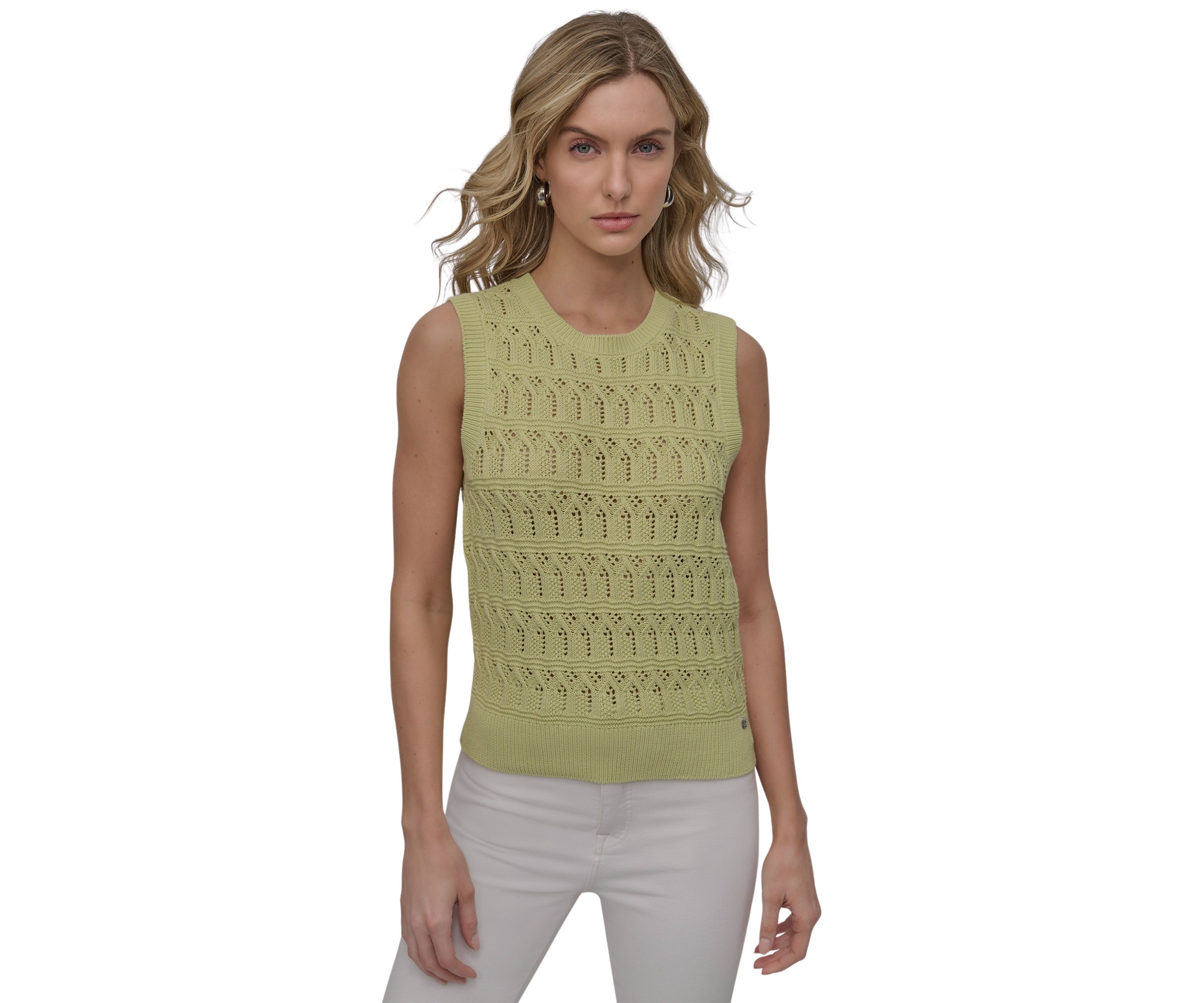 Womens Sleeveless Lacey Stitch Crew Neck Vest