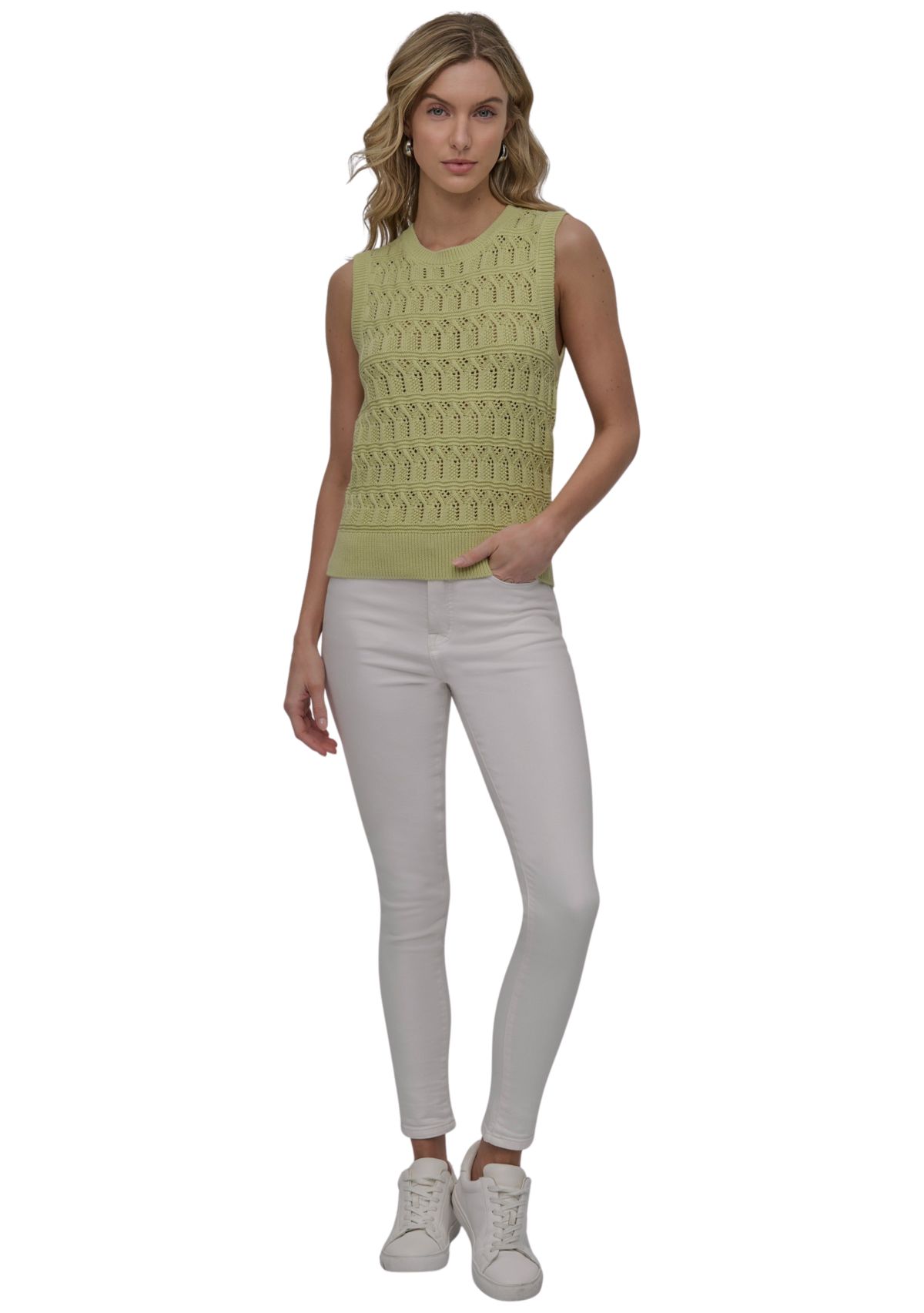 Womens Sleeveless Lacey Stitch Crew Neck Vest