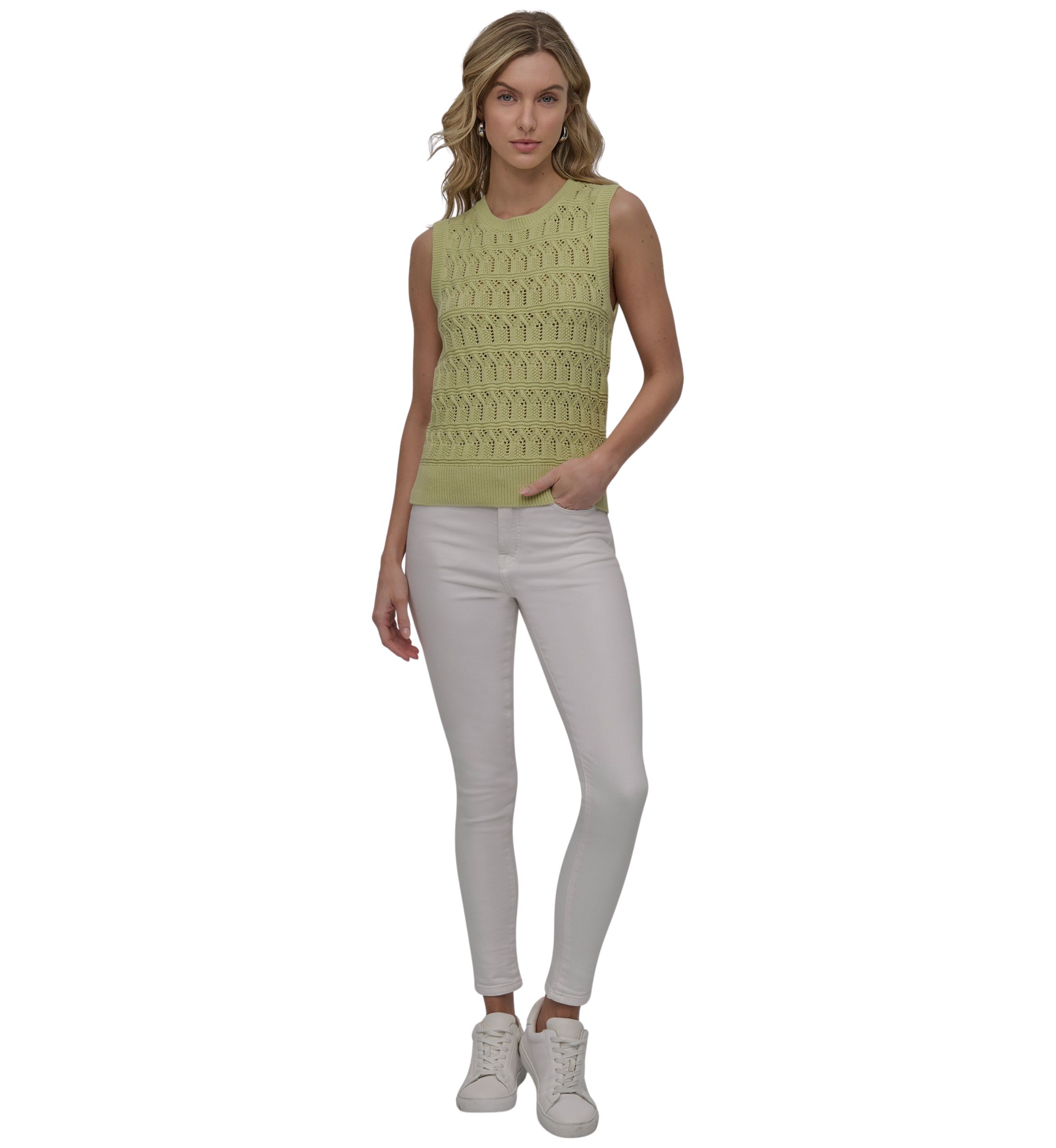 Womens Sleeveless Lacey Stitch Crew Neck Vest
