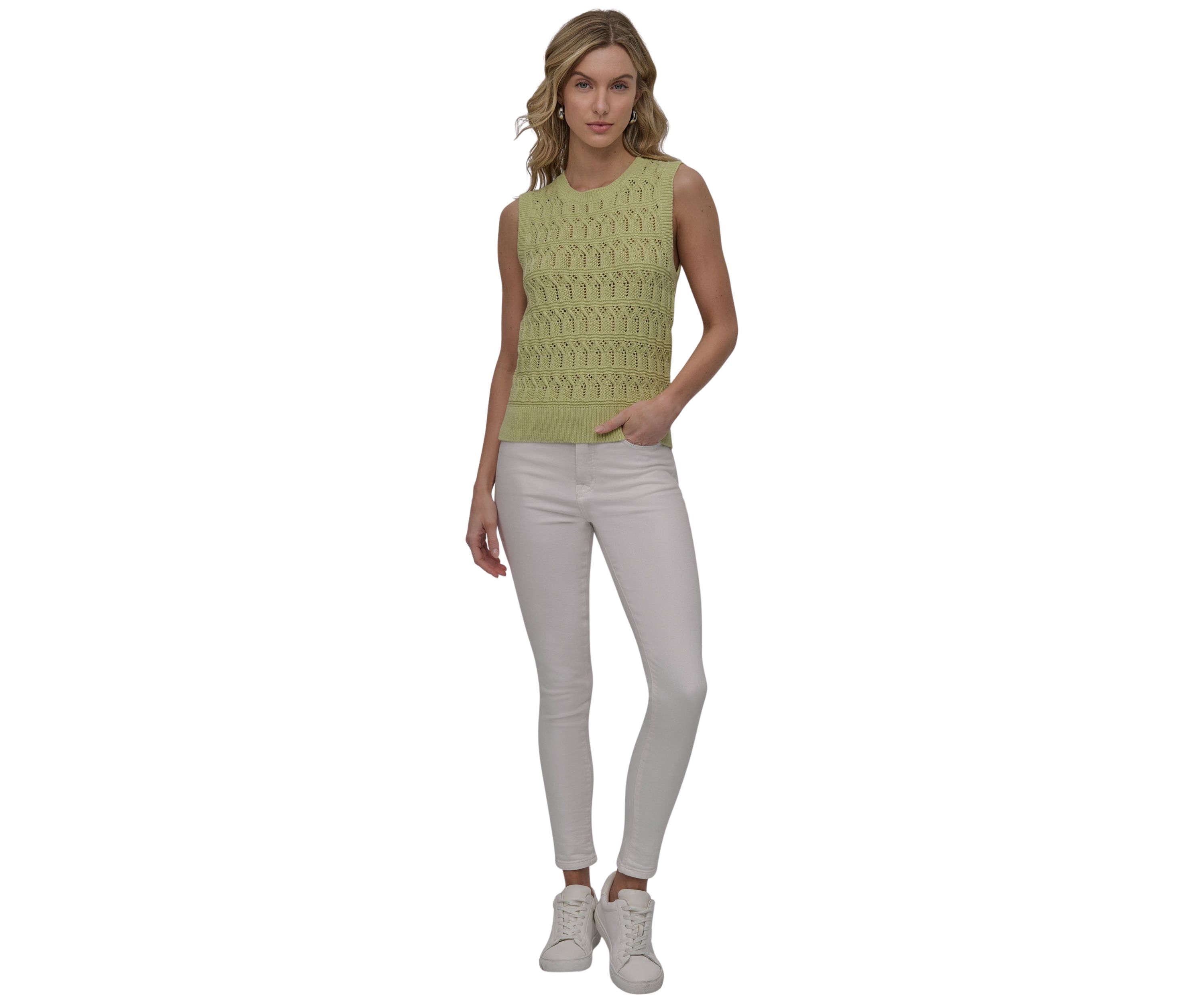 Womens Sleeveless Lacey Stitch Crew Neck Vest