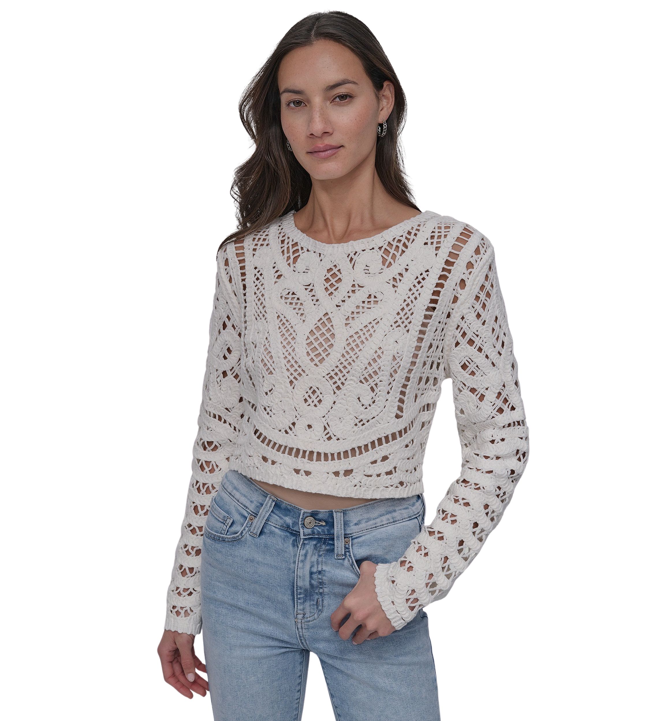 Womens Long Sleeve Crew Neck Faux Crochet with Jersey Back 