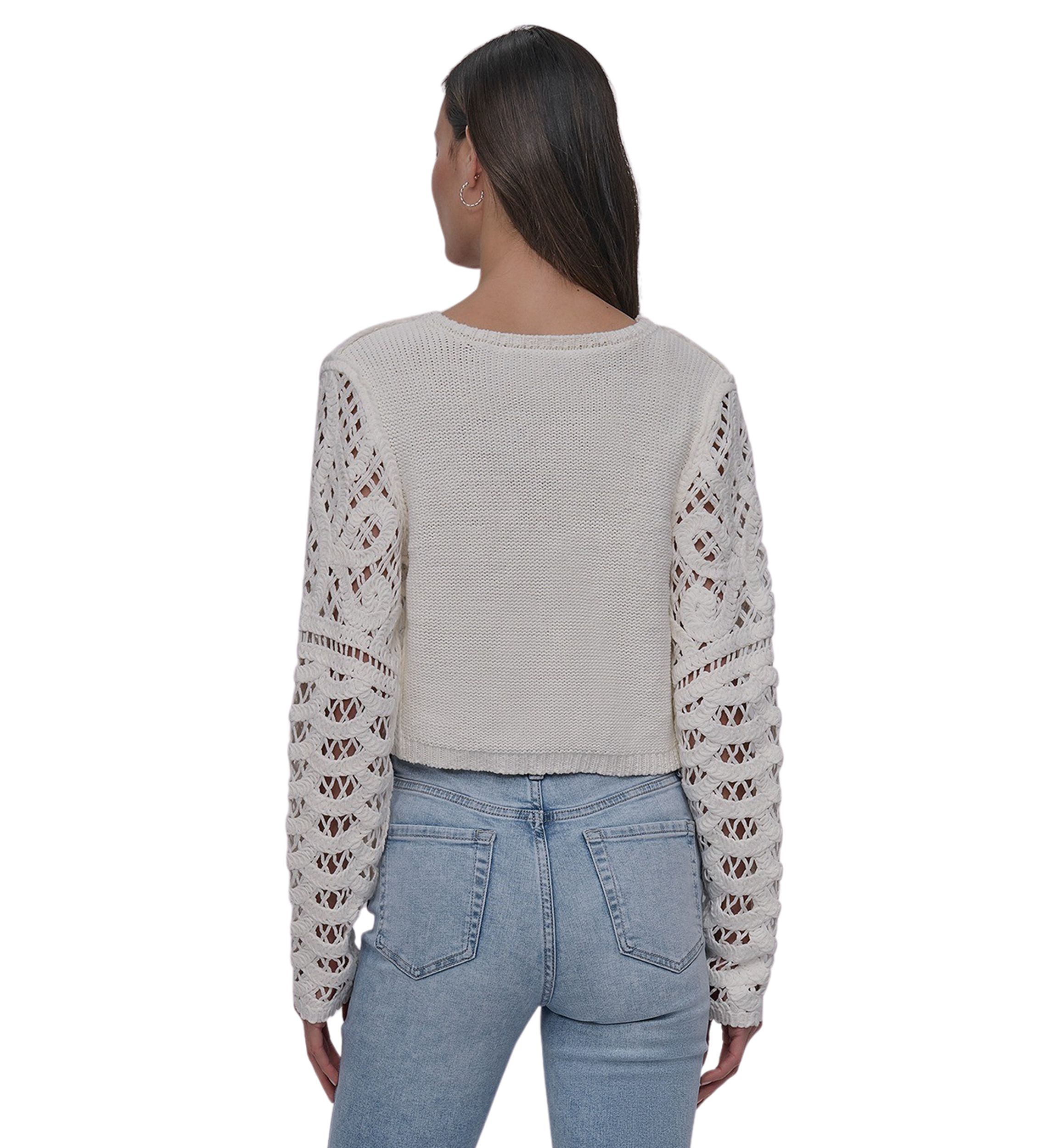 Womens Long Sleeve Crew Neck Faux Crochet with Jersey Back 