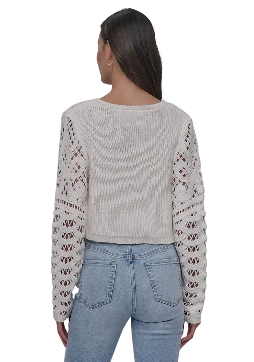 Womens Long Sleeve Crew Neck Faux Crochet with Jersey Back 