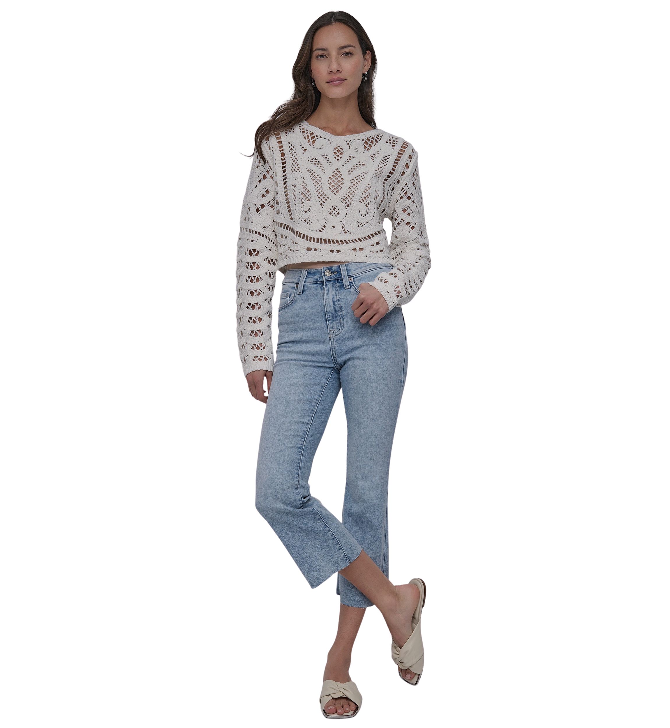 Womens Long Sleeve Crew Neck Faux Crochet with Jersey Back 