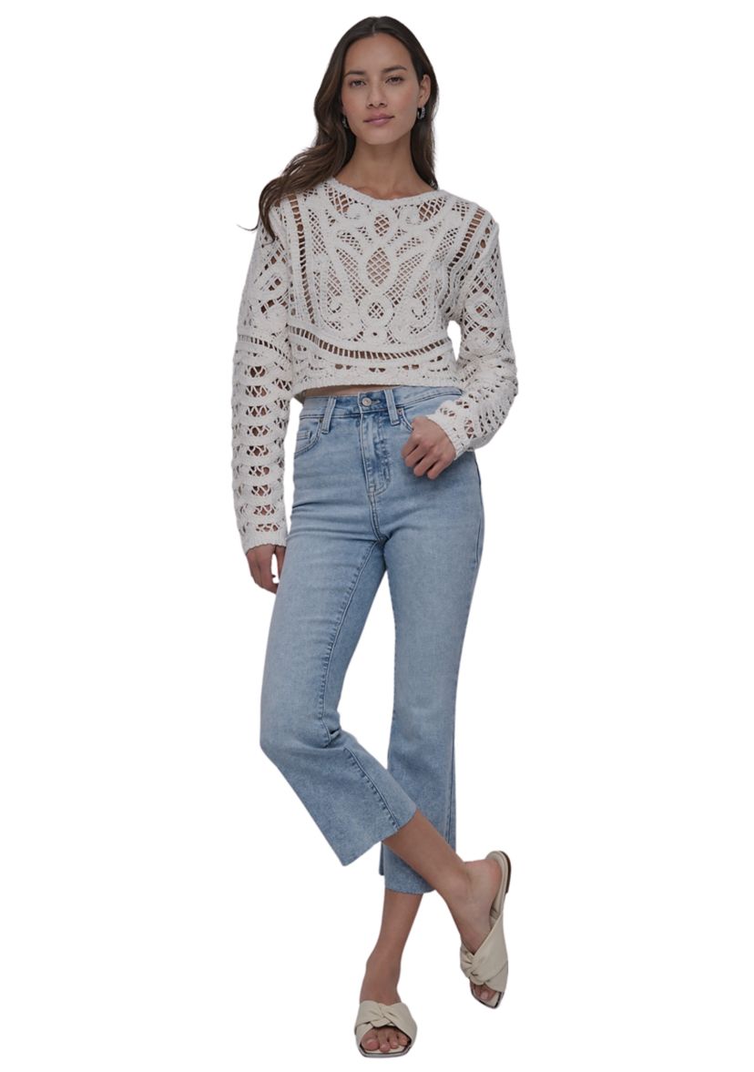 Womens Long Sleeve Crew Neck Faux Crochet with Jersey Back 