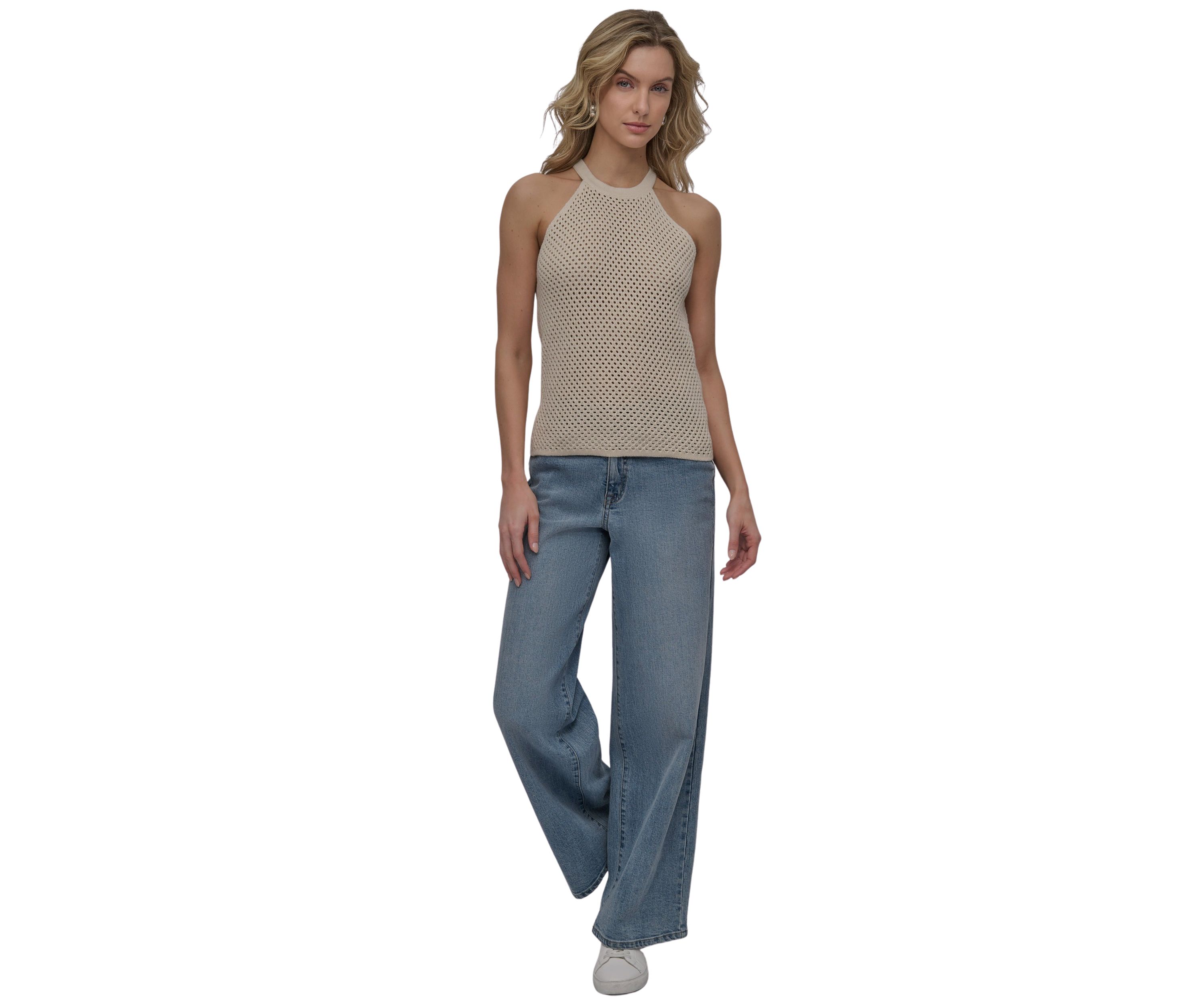 Womens Halter Open Stitch Cropped Top