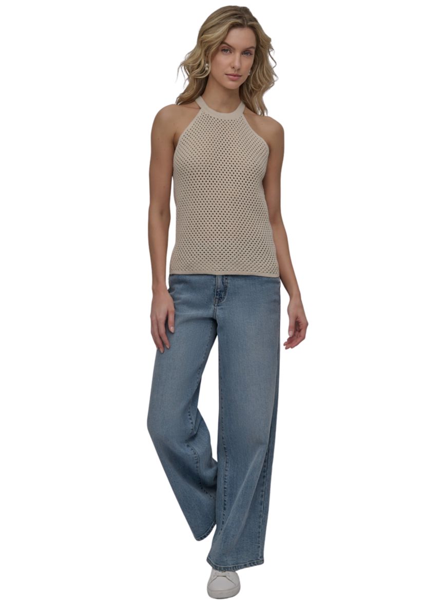 Womens Halter Open Stitch Cropped Top