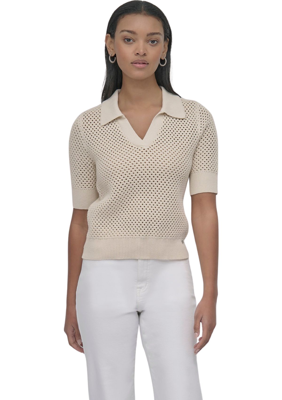 Womens Open Pointelle Stitch Cropped Sleeveless Polo Shirt 