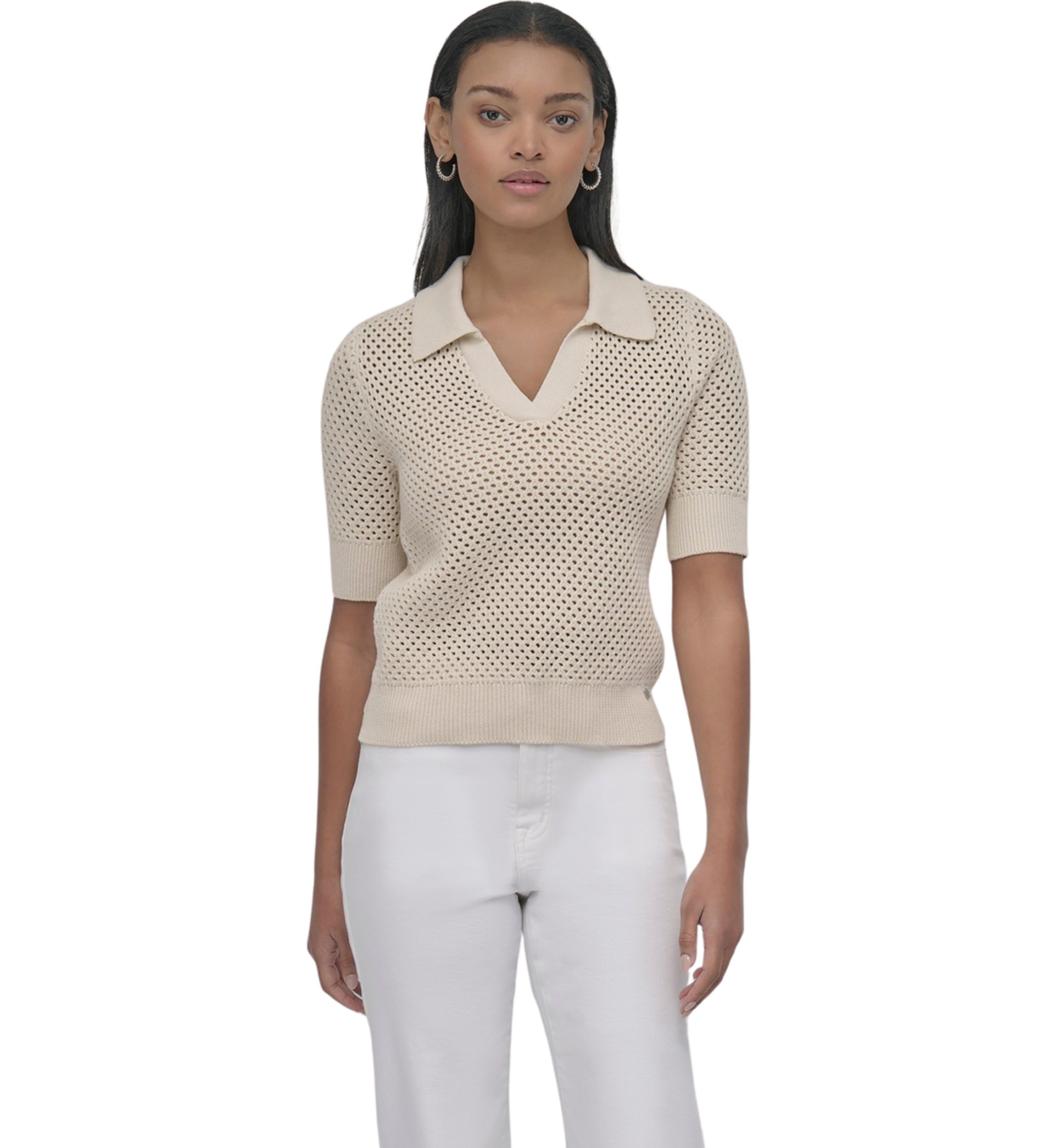 Womens Open Pointelle Stitch Cropped Sleeveless Polo Shirt 