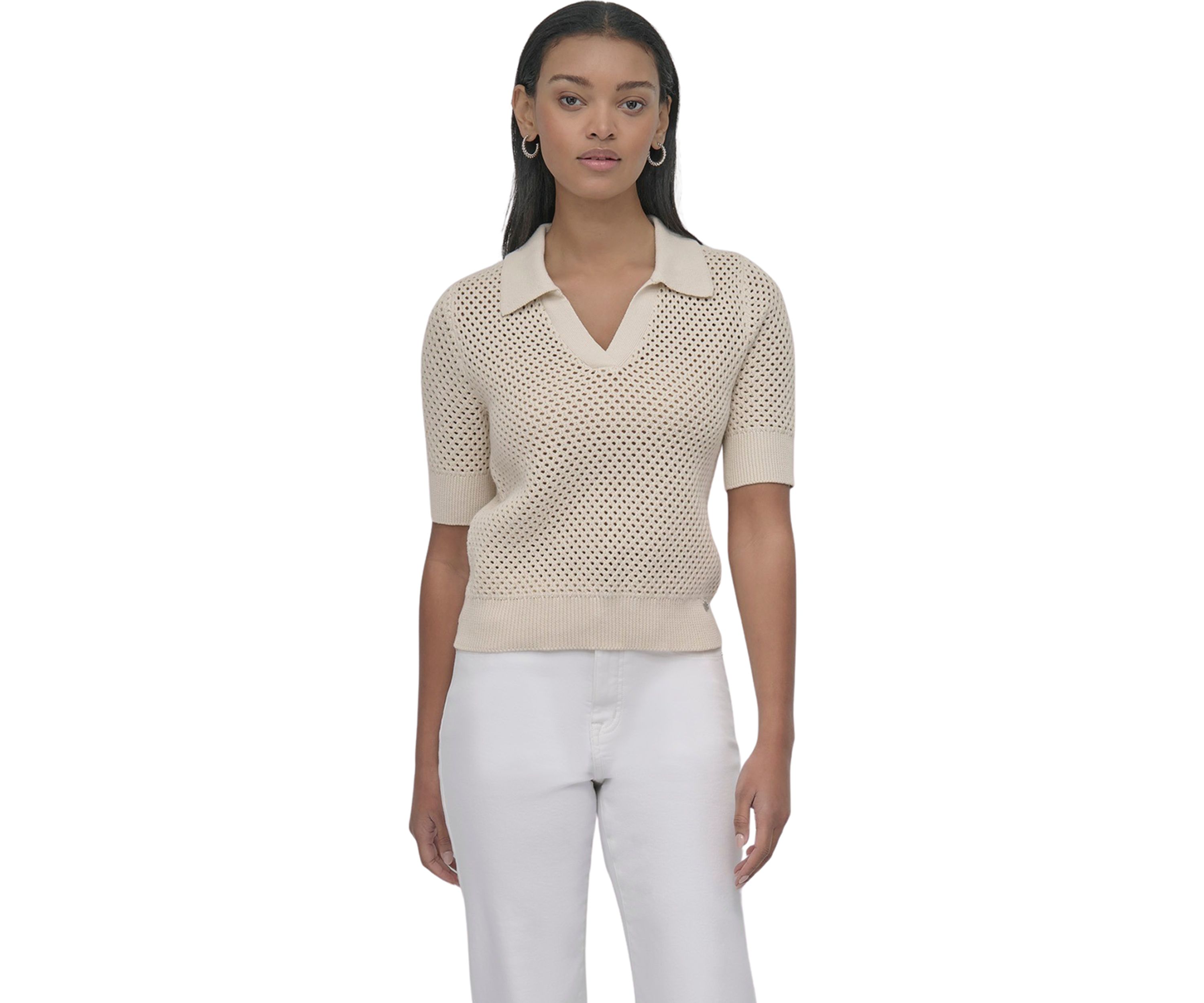 Womens Open Pointelle Stitch Cropped Sleeveless Polo Shirt 