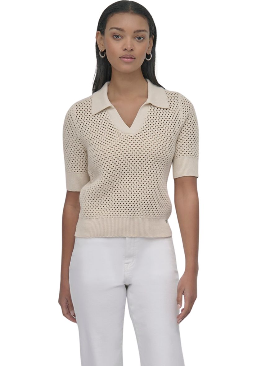 Womens Open Pointelle Stitch Cropped Sleeveless Polo Shirt 