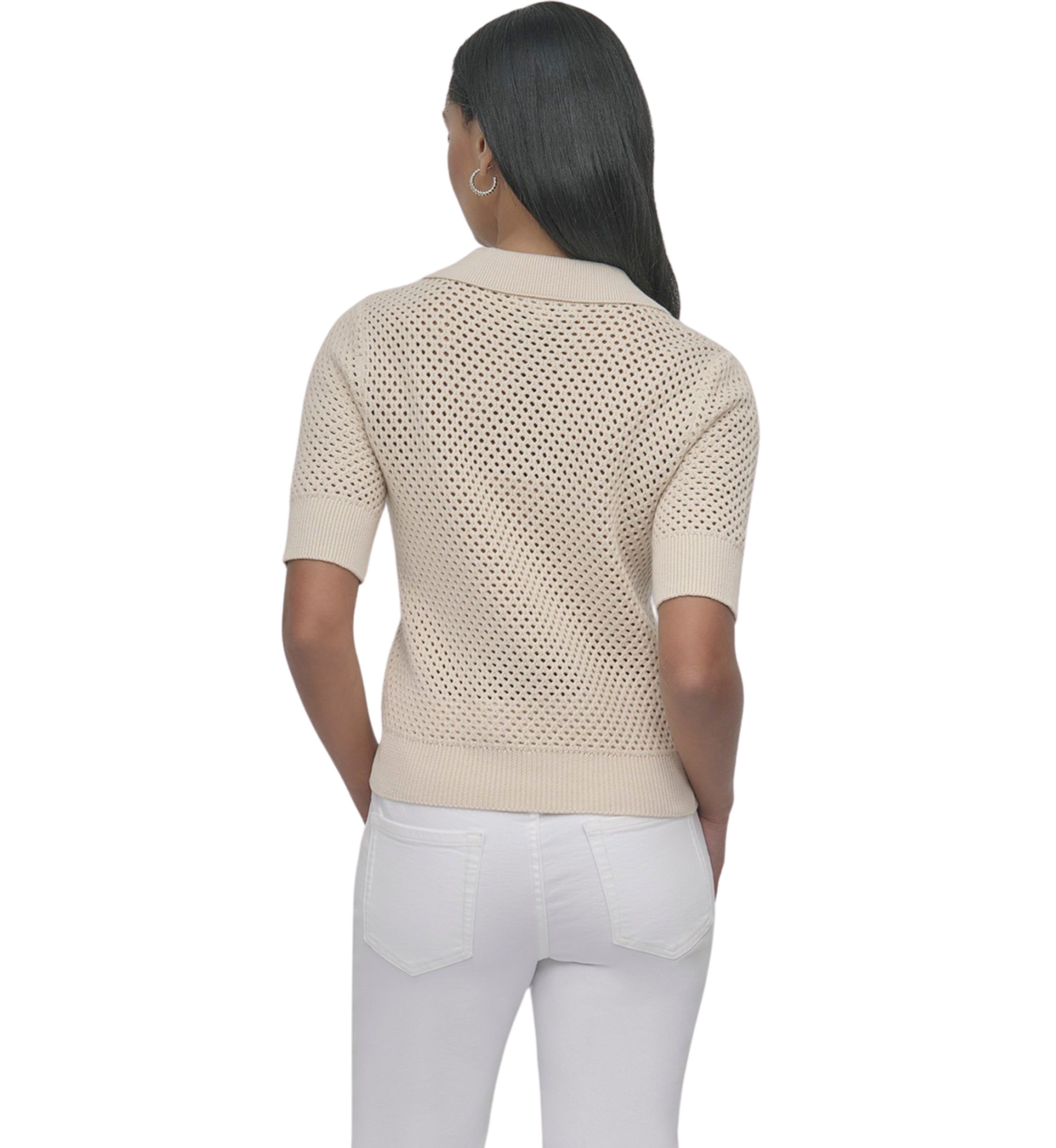 Womens Open Pointelle Stitch Cropped Sleeveless Polo Shirt 