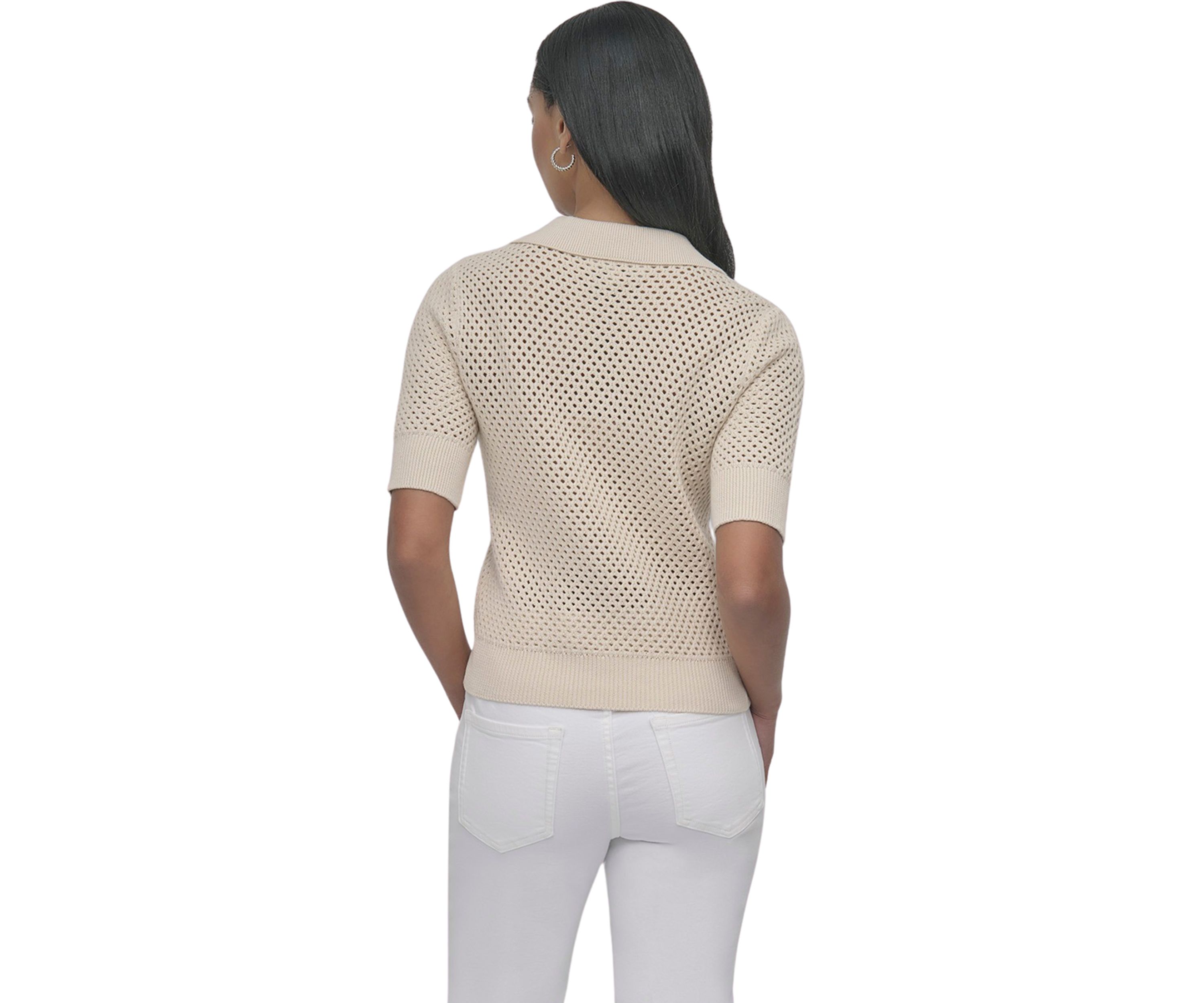 Womens Open Pointelle Stitch Cropped Sleeveless Polo Shirt 