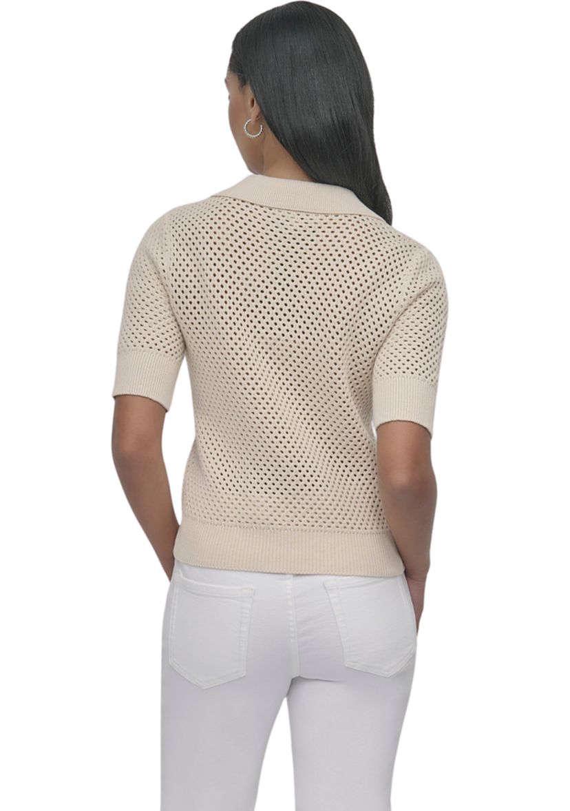Womens Open Pointelle Stitch Cropped Sleeveless Polo Shirt 
