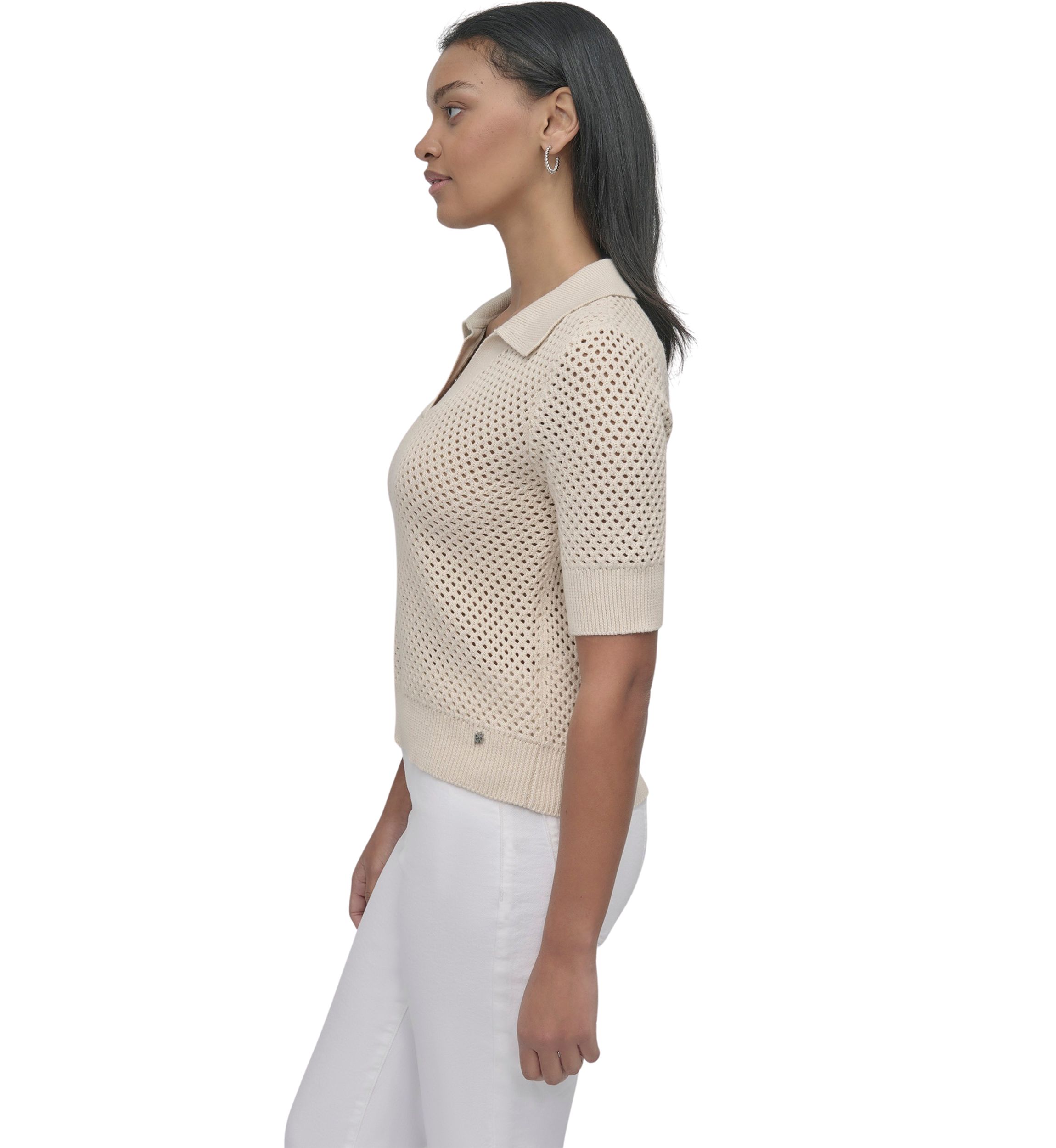 Womens Open Pointelle Stitch Cropped Sleeveless Polo Shirt 
