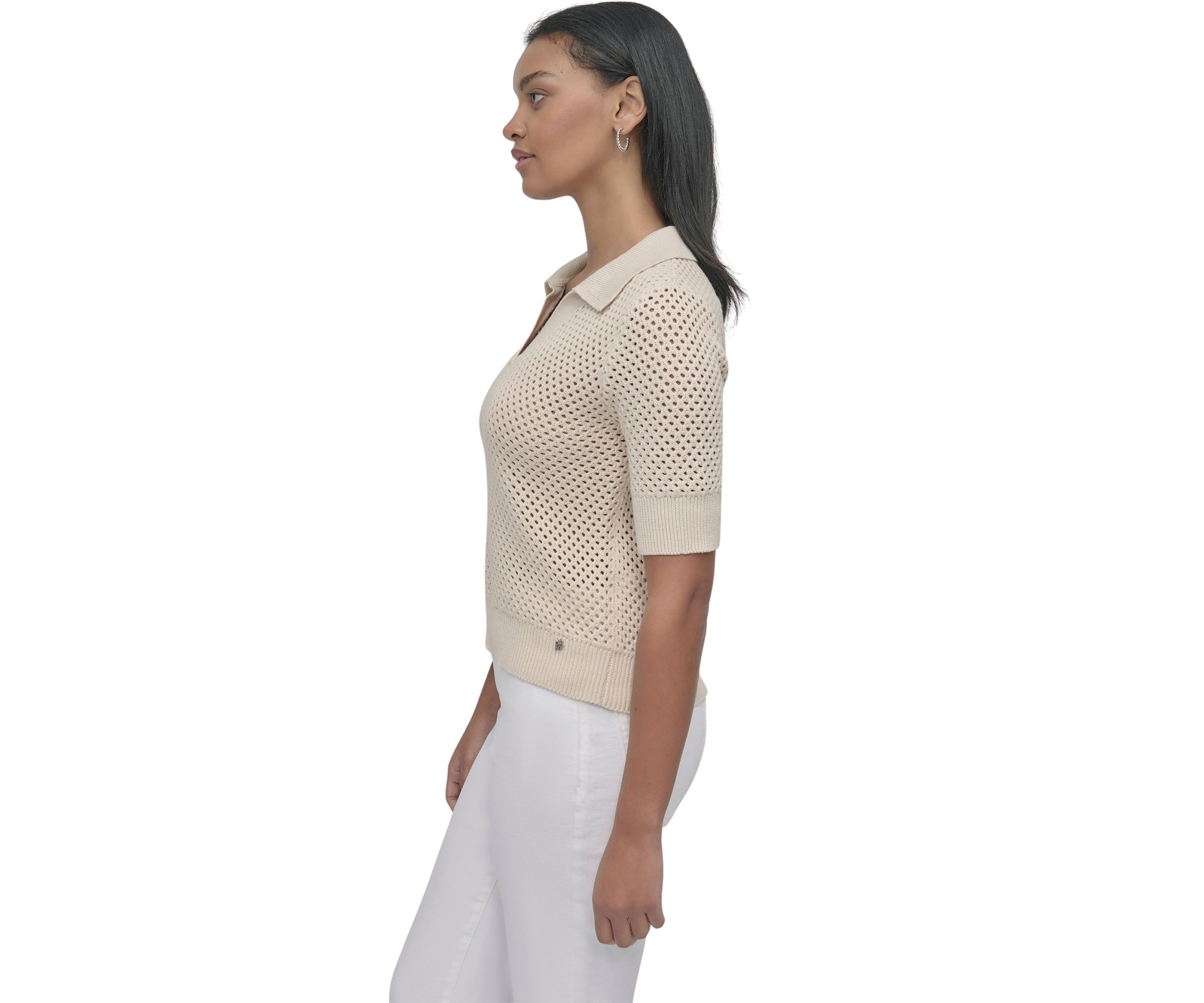 Womens Open Pointelle Stitch Cropped Sleeveless Polo Shirt 