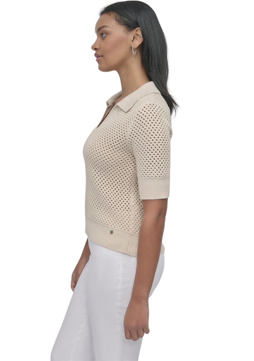 Womens Open Pointelle Stitch Cropped Sleeveless Polo Shirt 