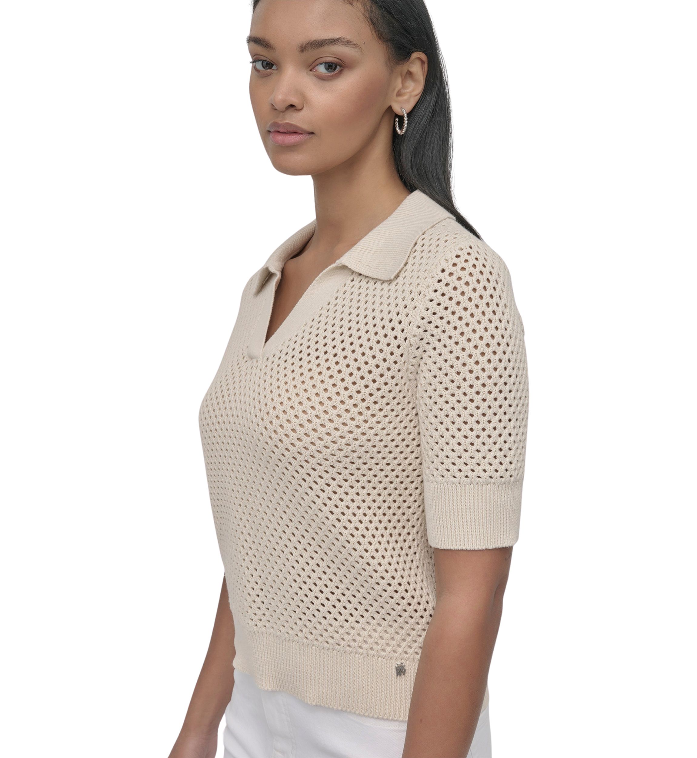 Womens Open Pointelle Stitch Cropped Sleeveless Polo Shirt 