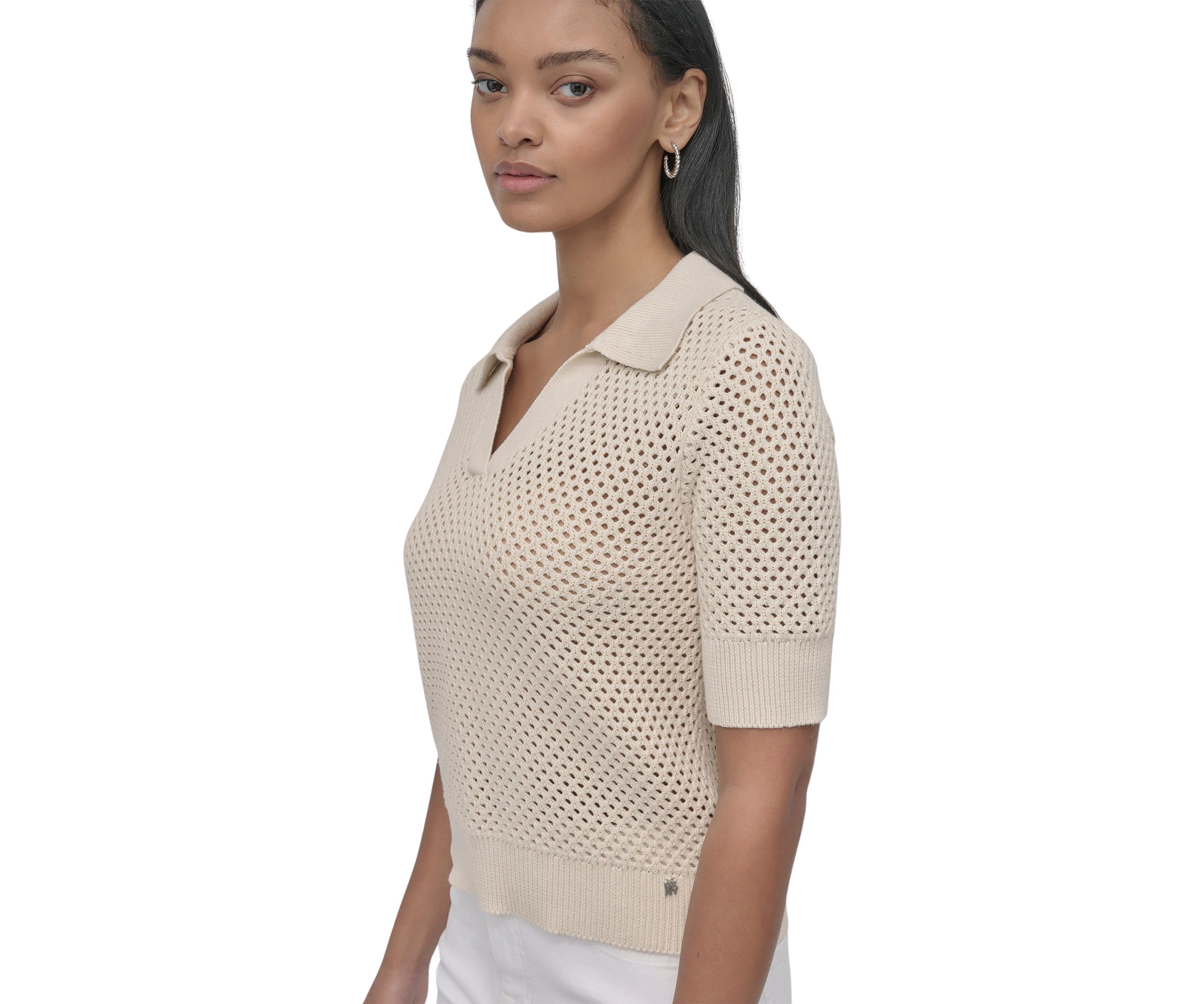 Womens Open Pointelle Stitch Cropped Sleeveless Polo Shirt 