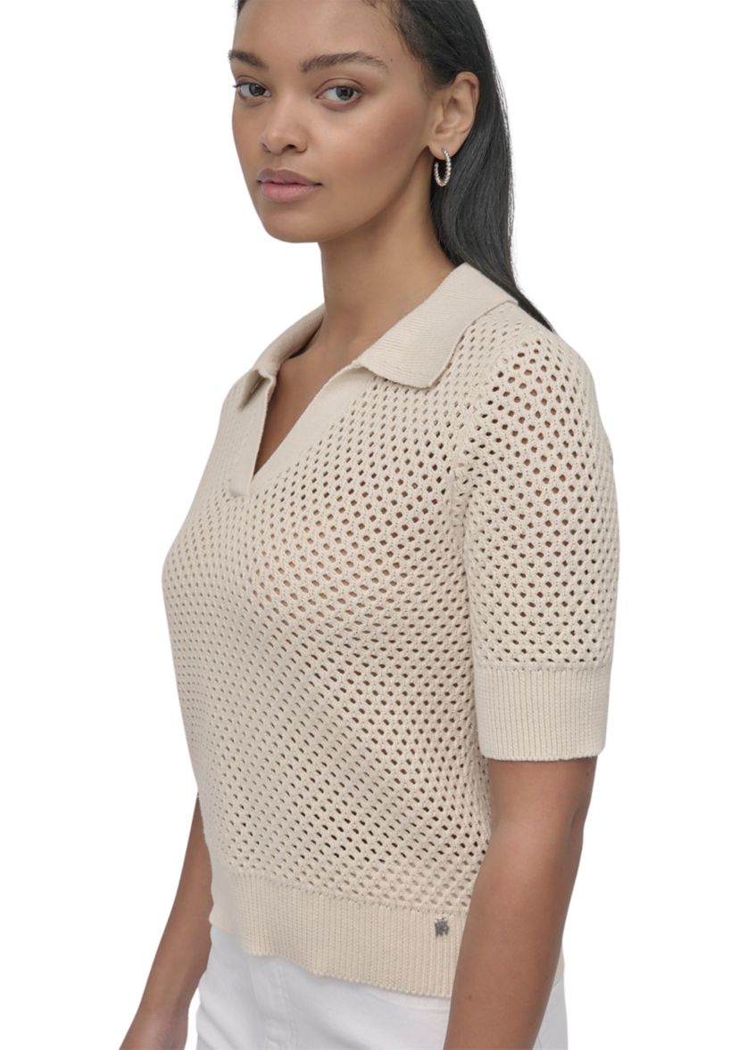 Womens Open Pointelle Stitch Cropped Sleeveless Polo Shirt 