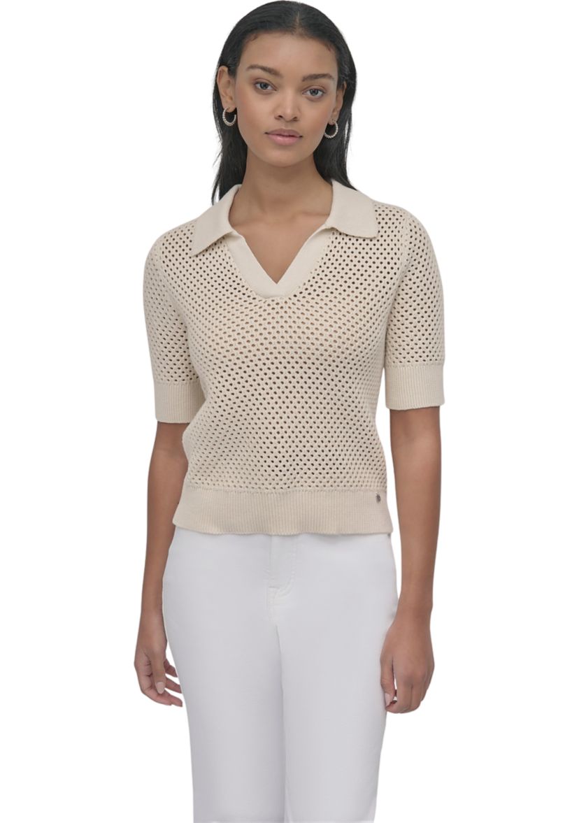 Womens Open Pointelle Stitch Cropped Sleeveless Polo Shirt 
