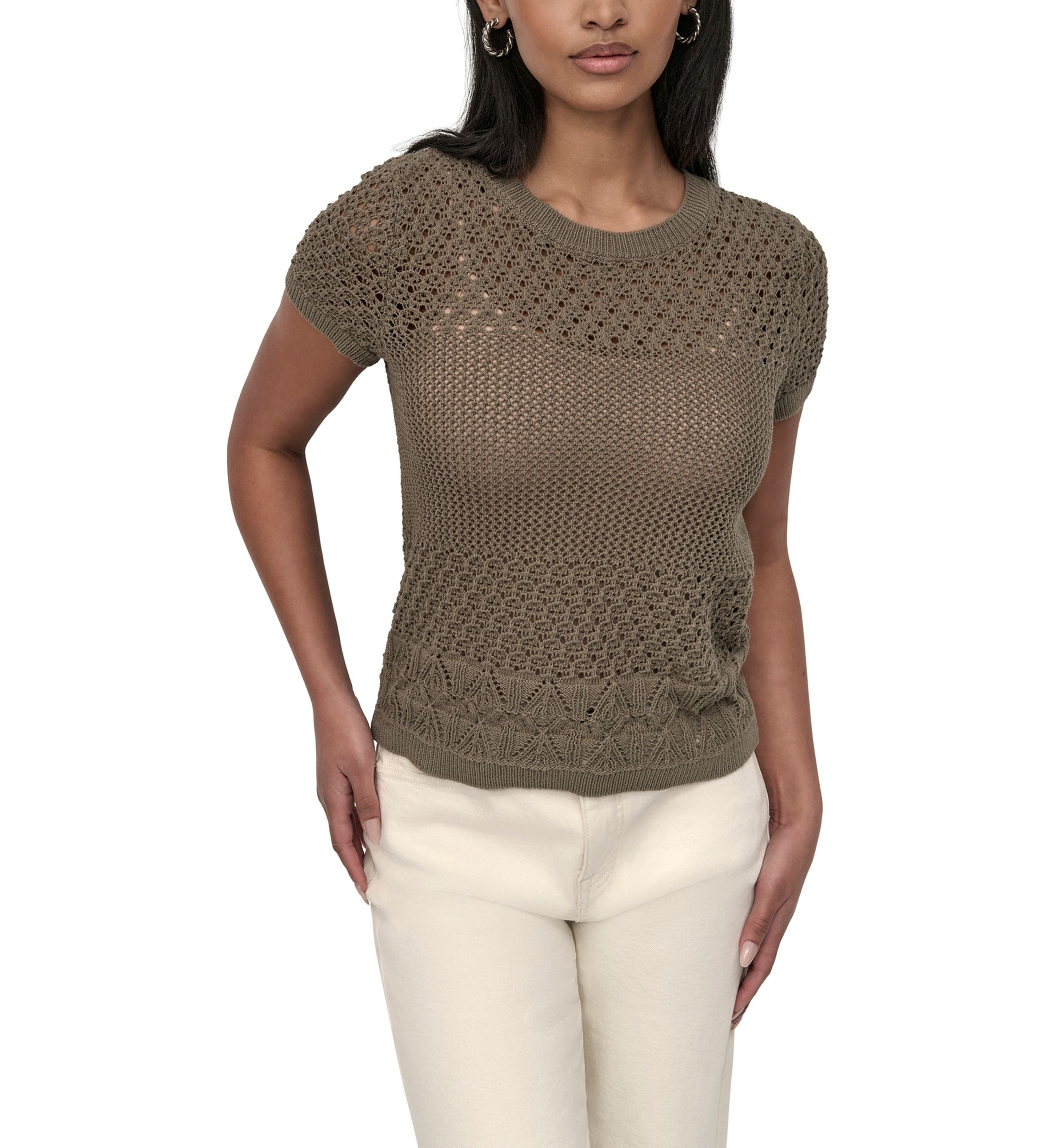 Womens Cap Sleeve Open Multi Pointelle Stitch Crew Neck T-Shirt