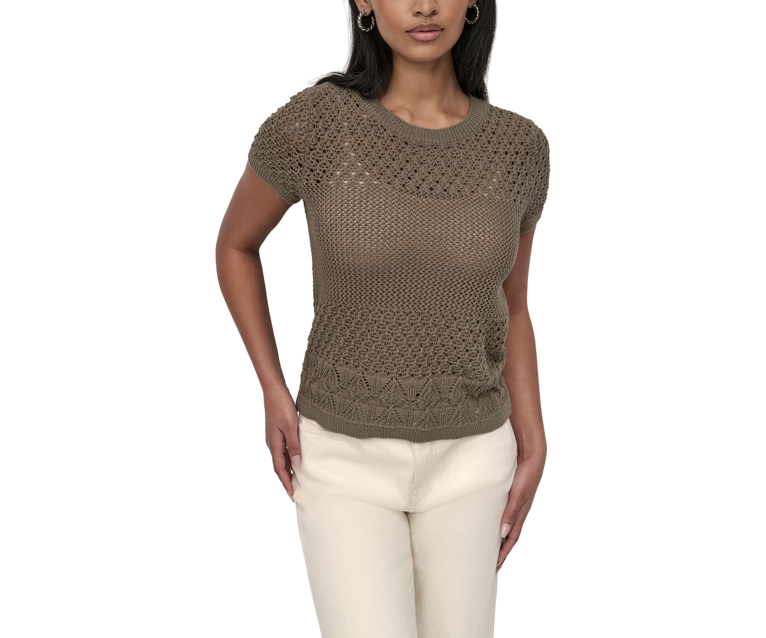 Womens Cap Sleeve Open Multi Pointelle Stitch Crew Neck T-Shirt