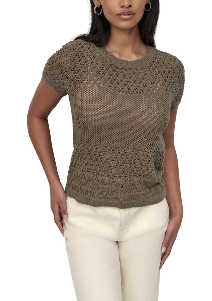 Womens Cap Sleeve Open Multi Pointelle Stitch Crew Neck T-Shirt