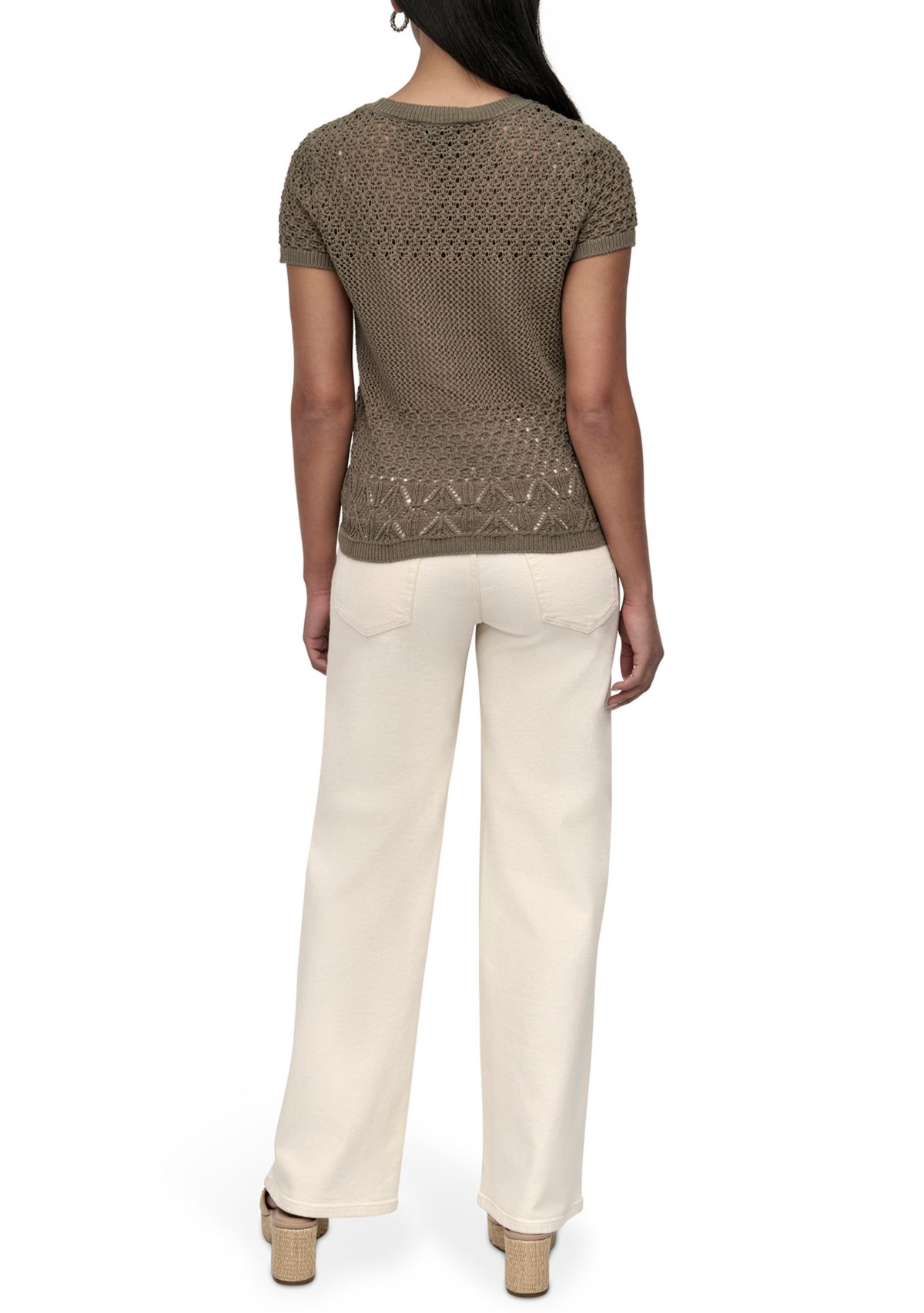 Womens Cap Sleeve Open Multi Pointelle Stitch Crew Neck T-Shirt
