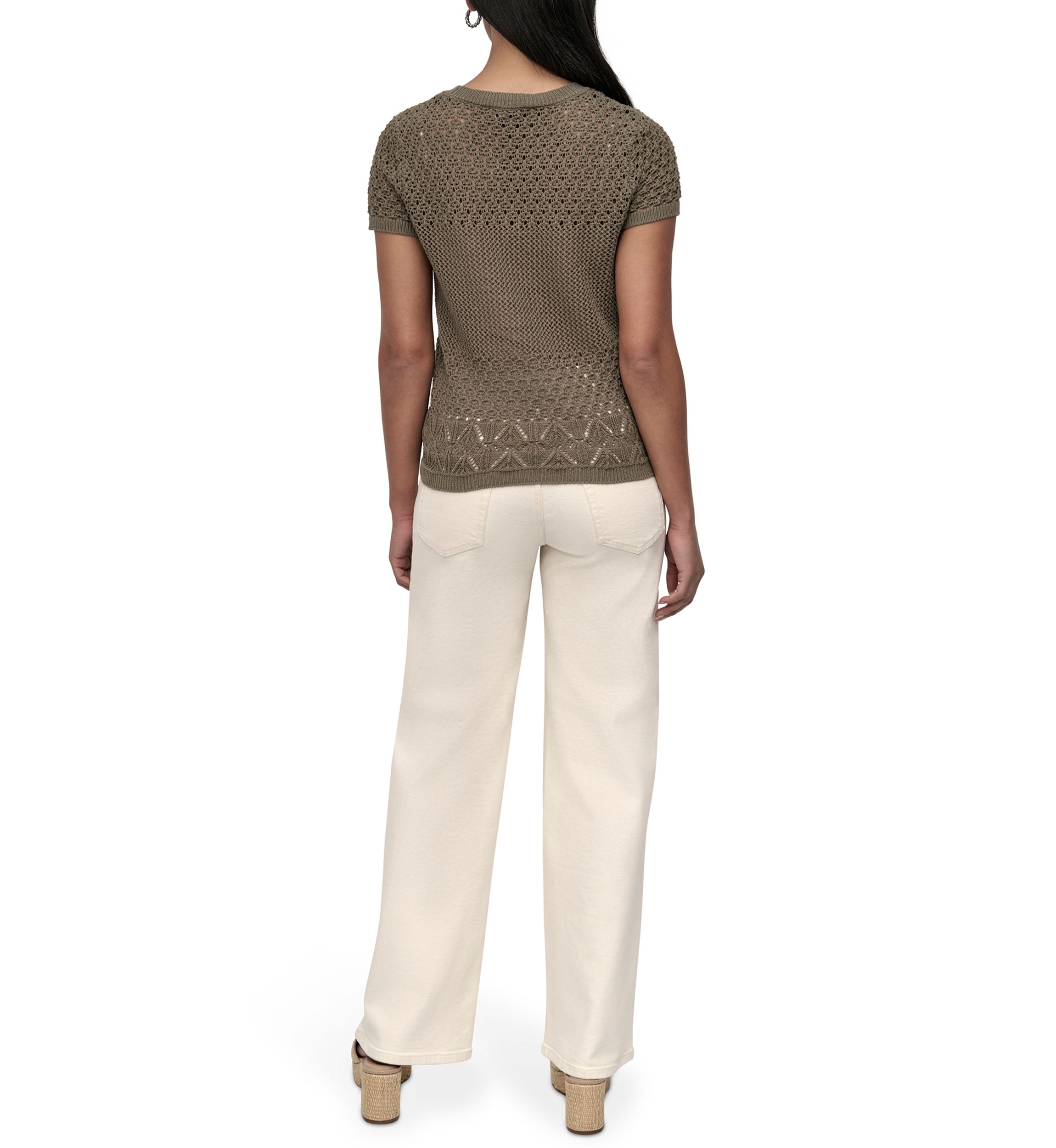 Womens Cap Sleeve Open Multi Pointelle Stitch Crew Neck T-Shirt