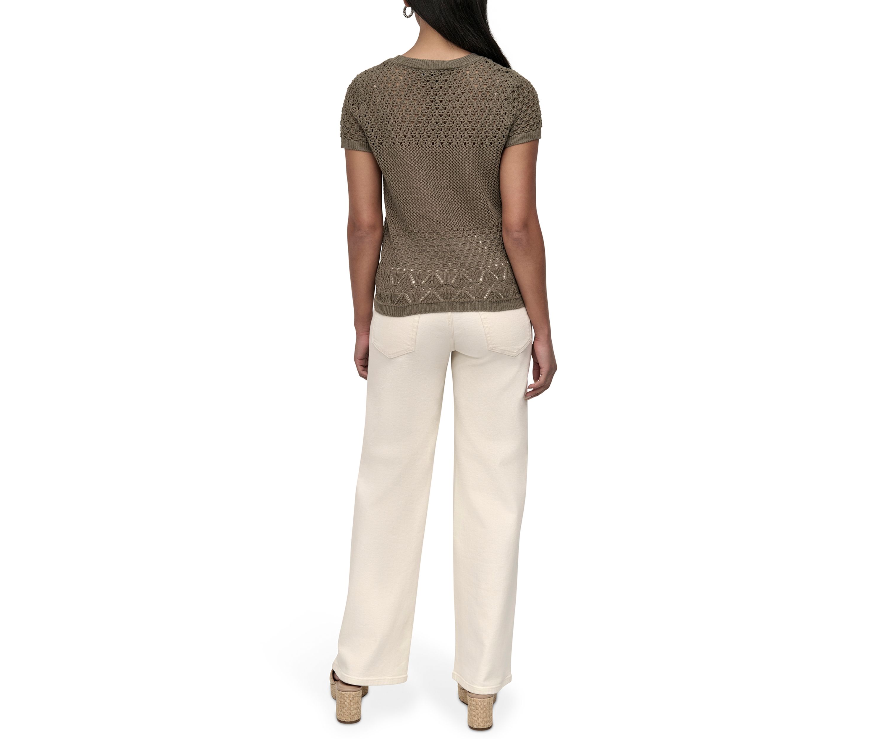 Womens Cap Sleeve Open Multi Pointelle Stitch Crew Neck T-Shirt