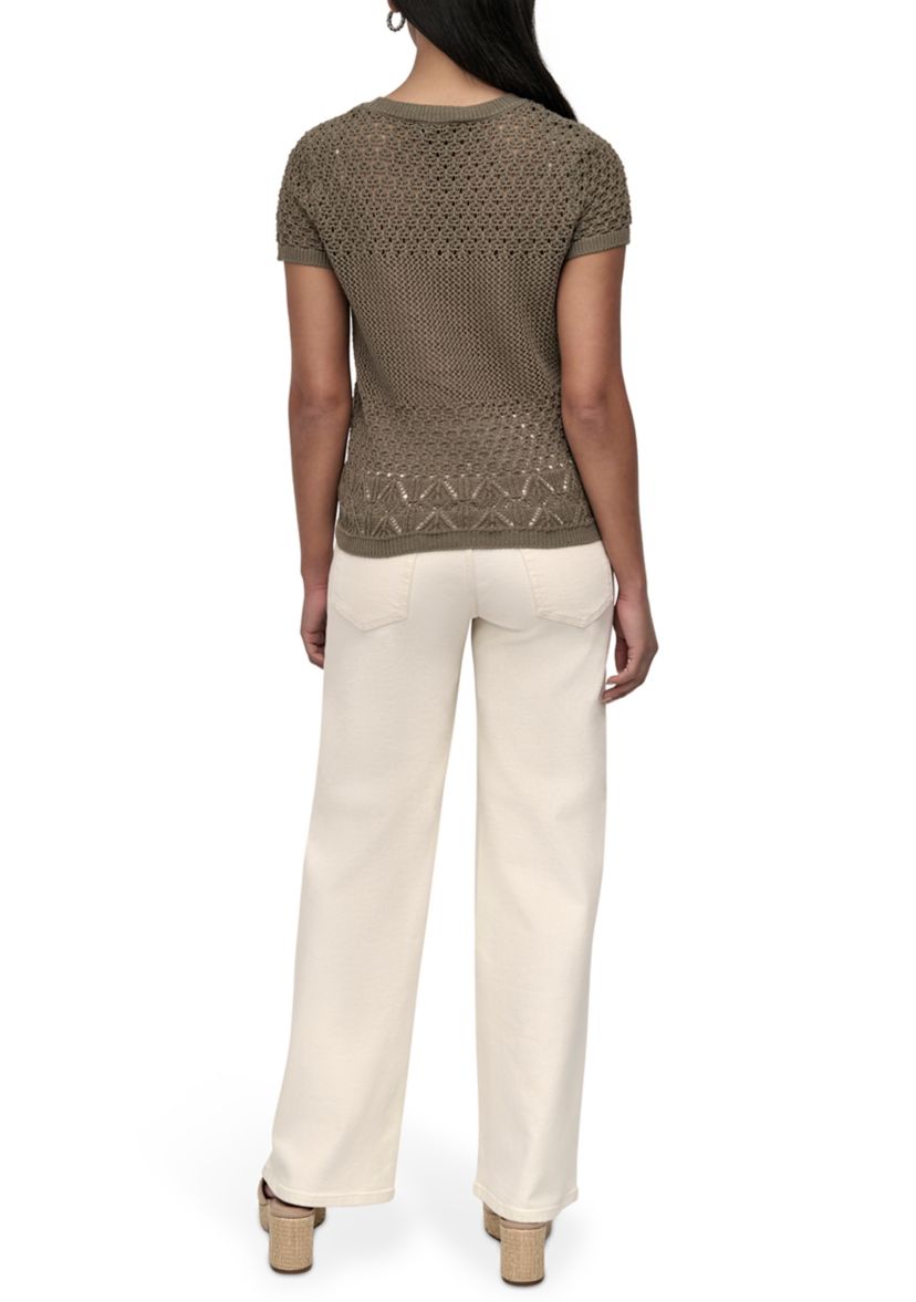 Womens Cap Sleeve Open Multi Pointelle Stitch Crew Neck T-Shirt