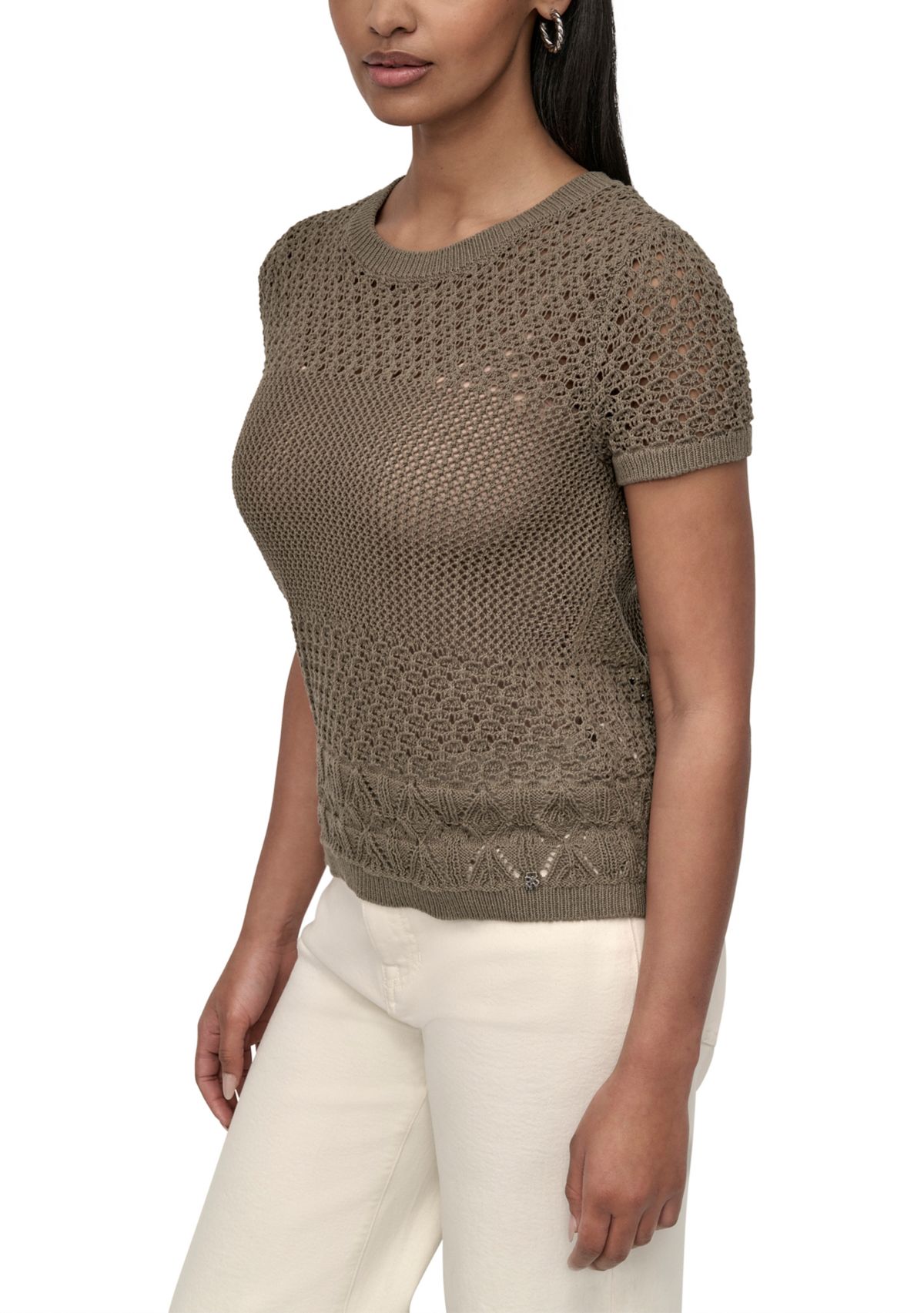 Womens Cap Sleeve Open Multi Pointelle Stitch Crew Neck T-Shirt