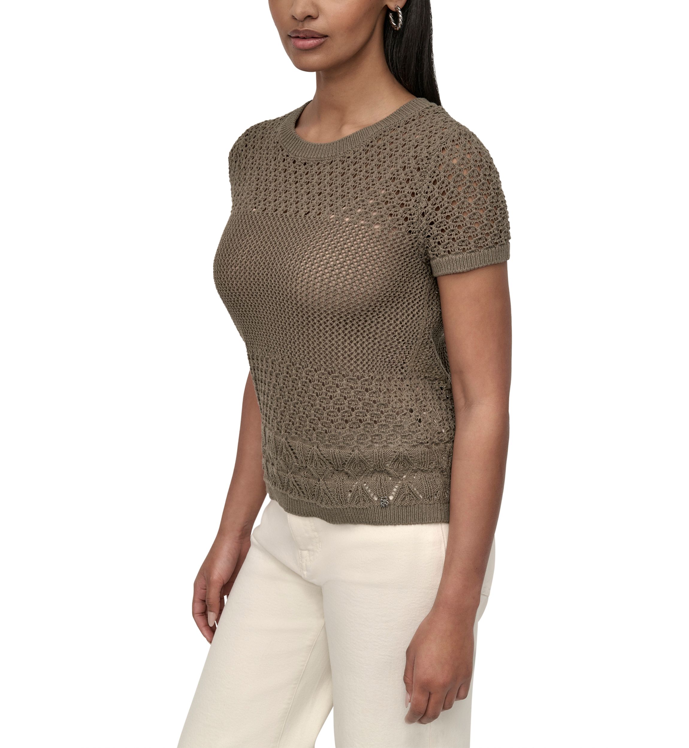 Womens Cap Sleeve Open Multi Pointelle Stitch Crew Neck T-Shirt