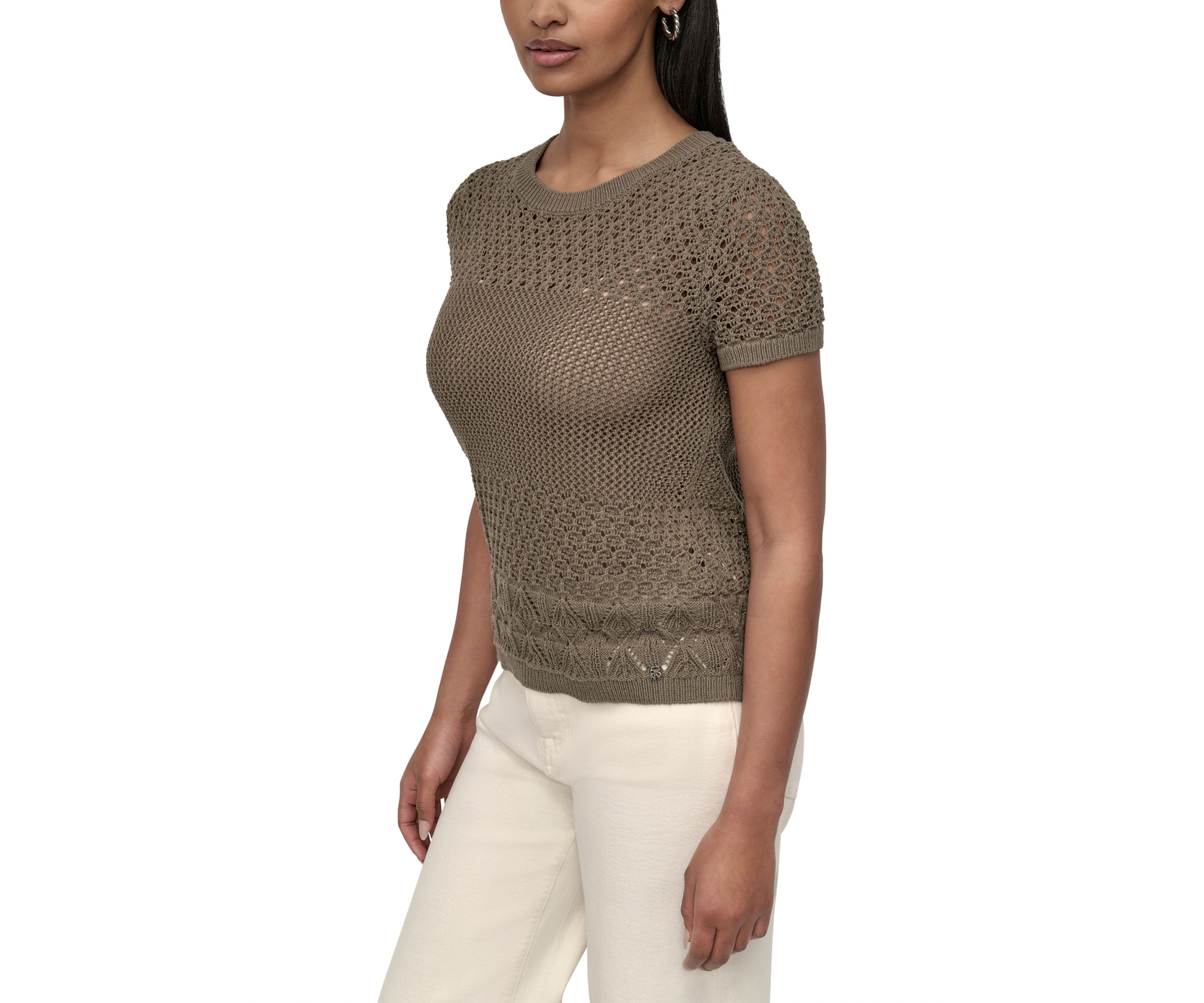 Womens Cap Sleeve Open Multi Pointelle Stitch Crew Neck T-Shirt