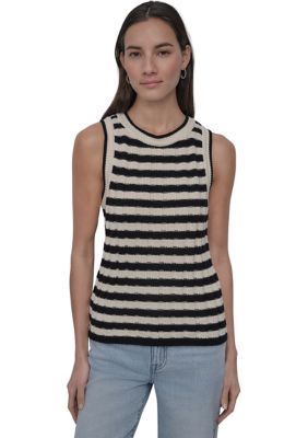 DKNY Women's Ribbed Striped Crew Neck Tank Top with Logo Charm, XS