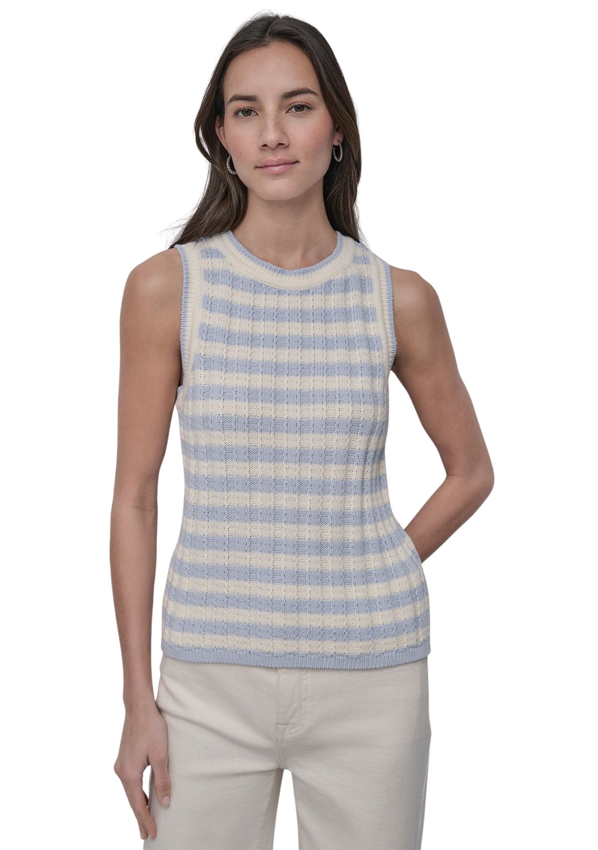 Womens Ribbed Striped Crew Neck Tank Top with Logo Charm
