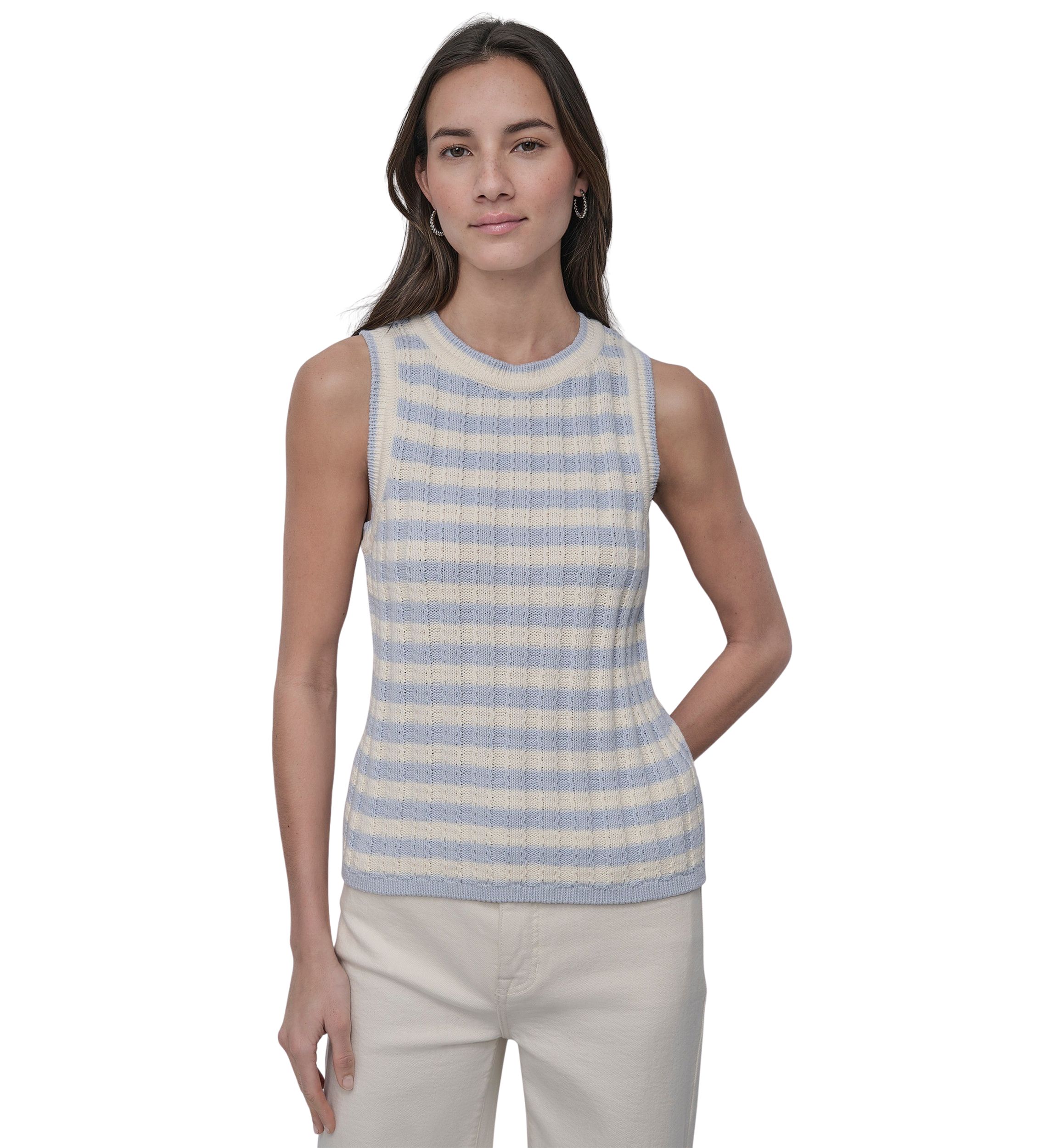 Womens Ribbed Striped Crew Neck Tank Top with Logo Charm