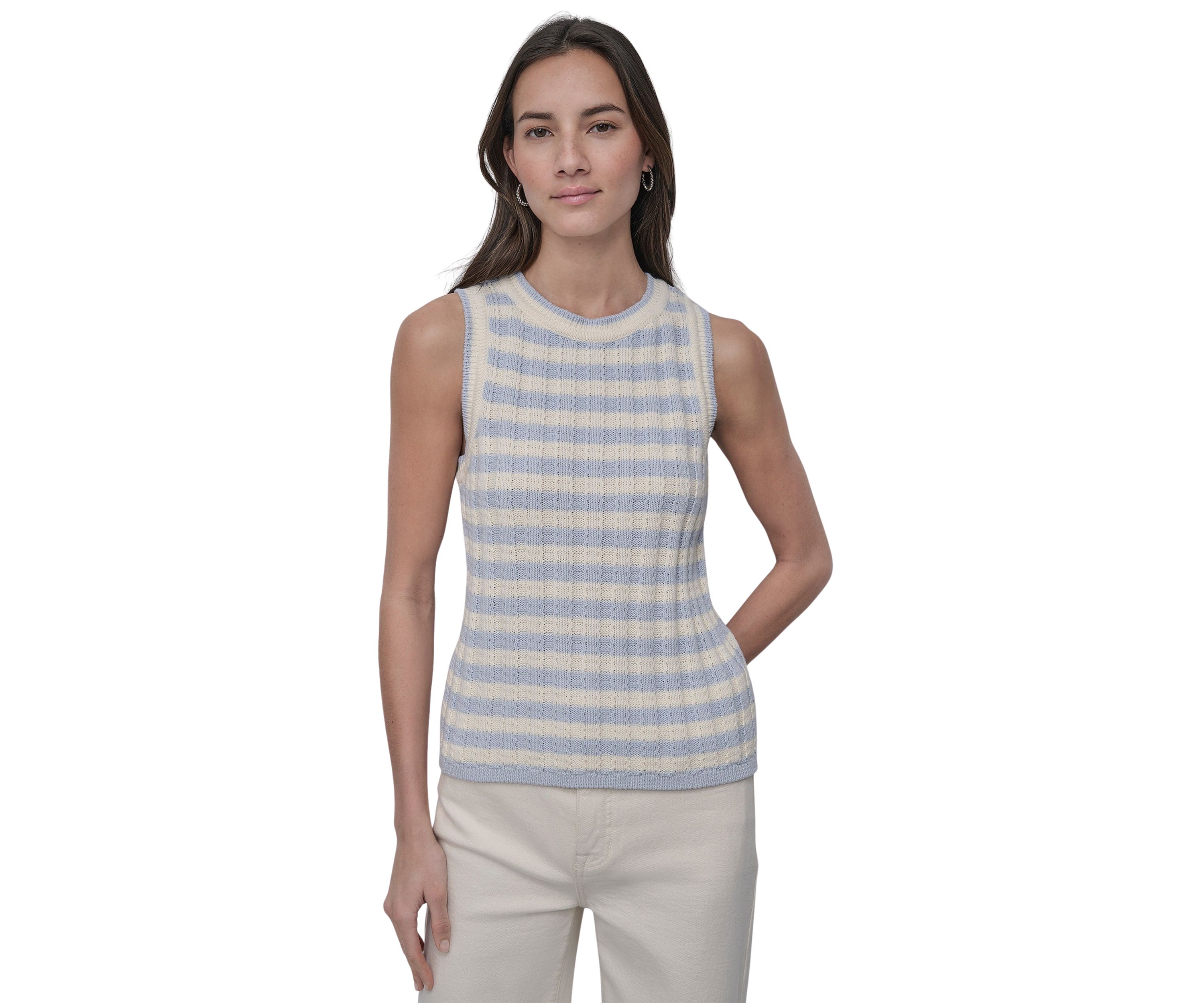 Womens Ribbed Striped Crew Neck Tank Top with Logo Charm