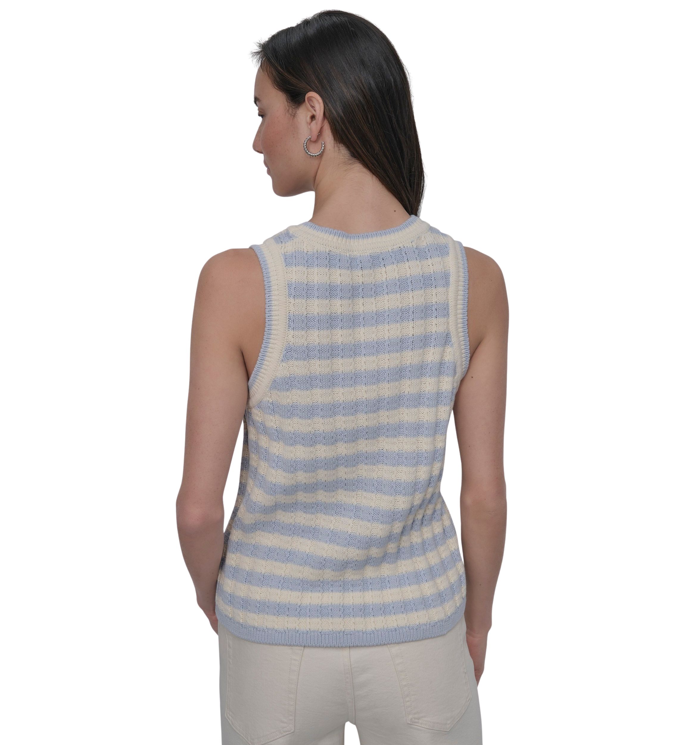 Womens Ribbed Striped Crew Neck Tank Top with Logo Charm