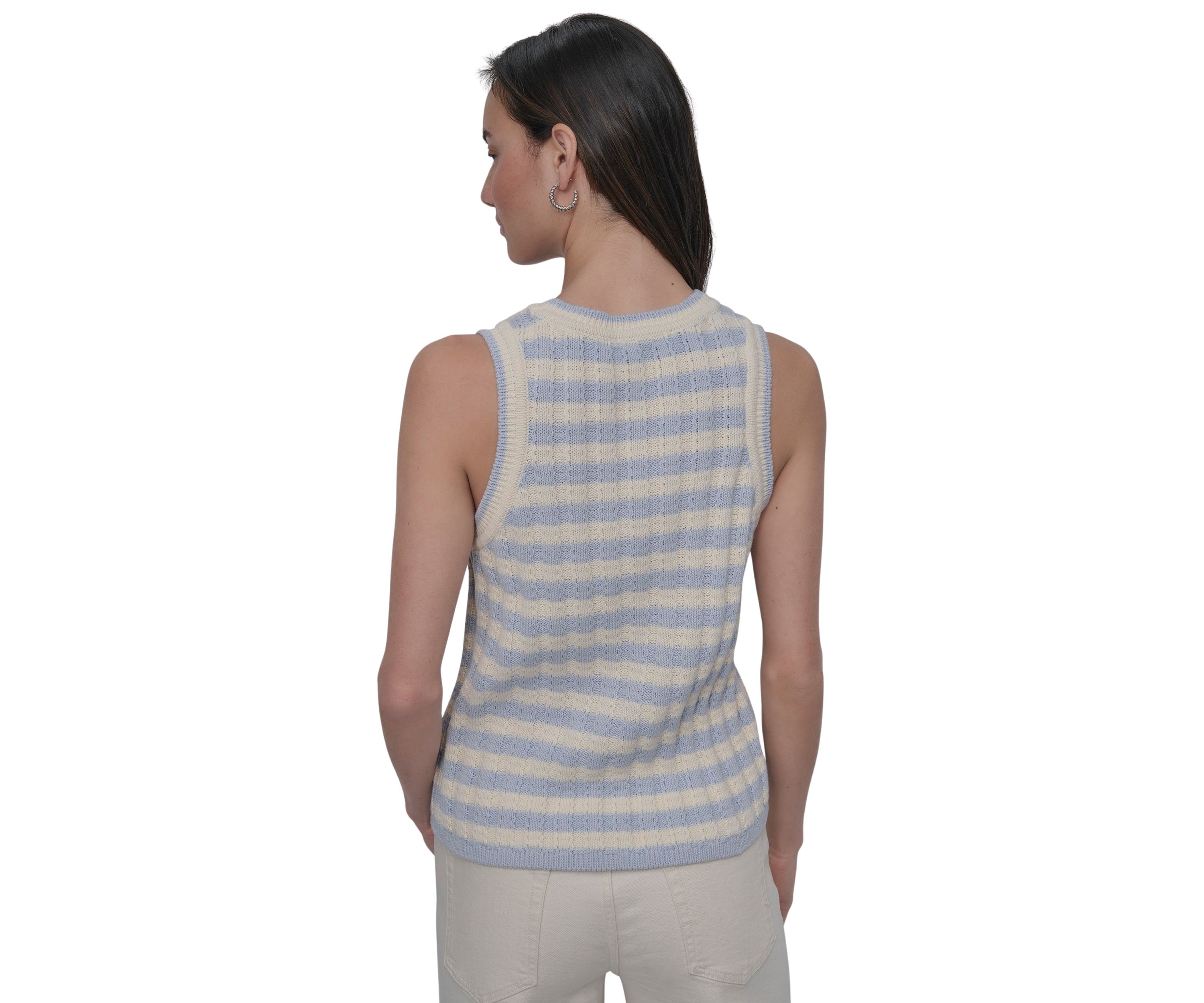Womens Ribbed Striped Crew Neck Tank Top with Logo Charm